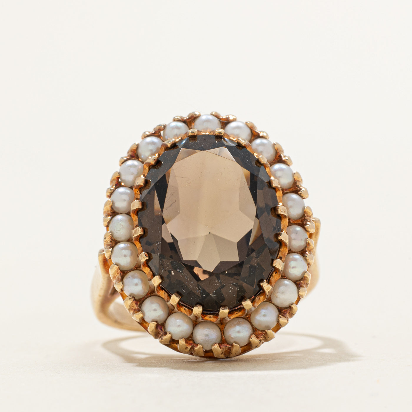 Smoky Quartz & Seed Pearl Halo Cocktail Ring | 10.00ct | SZ 8.0