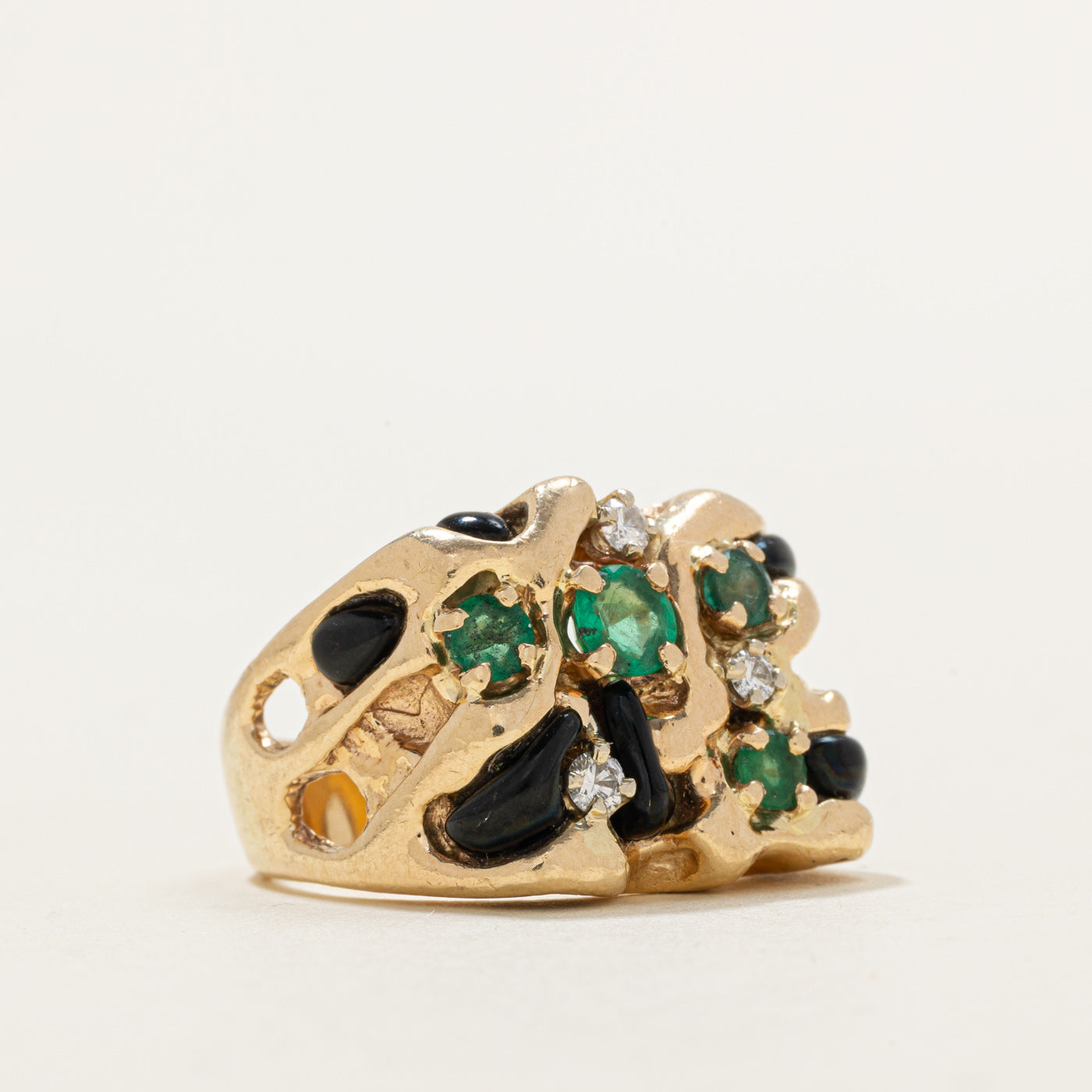 Onyx, Emerald & Diamond Abstract Cocktail Ring | 1.45ctw, 0.09ctw | SZ 6.0