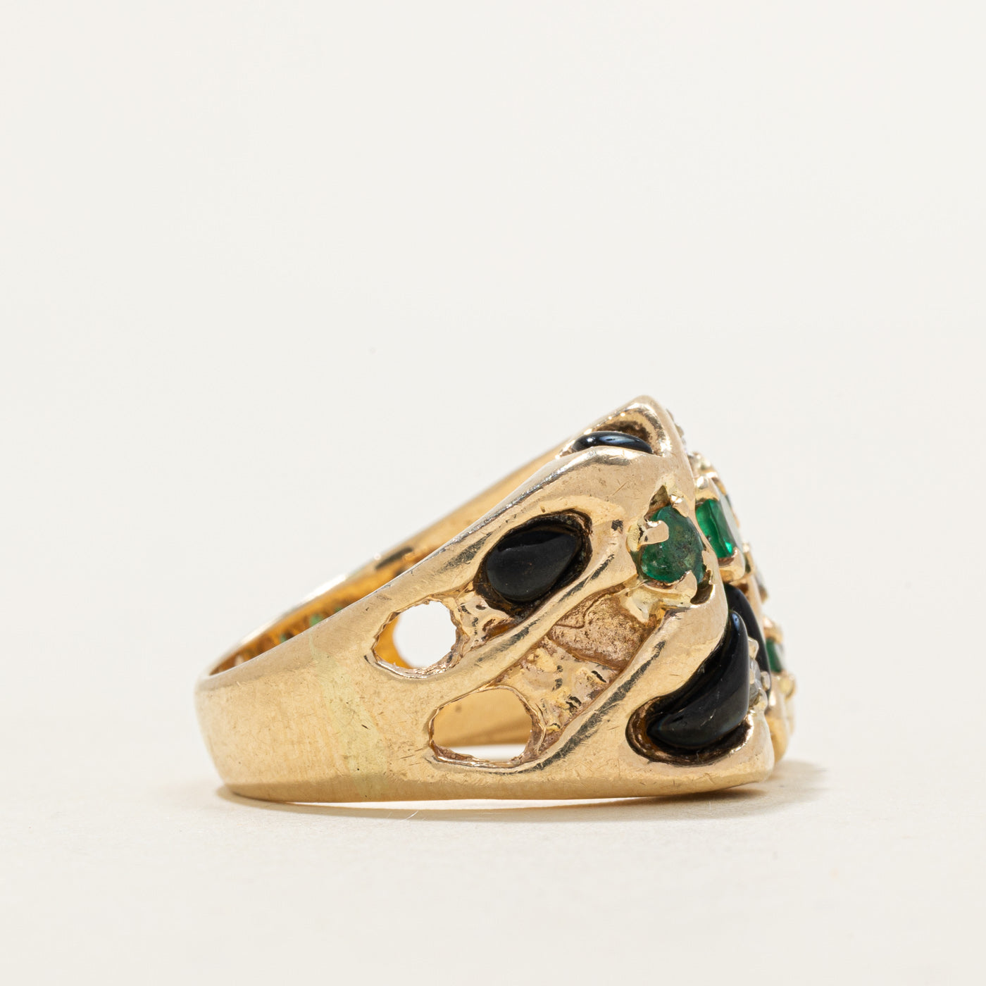 Onyx, Emerald & Diamond Abstract Cocktail Ring | 1.45ctw, 0.09ctw | SZ 6.0