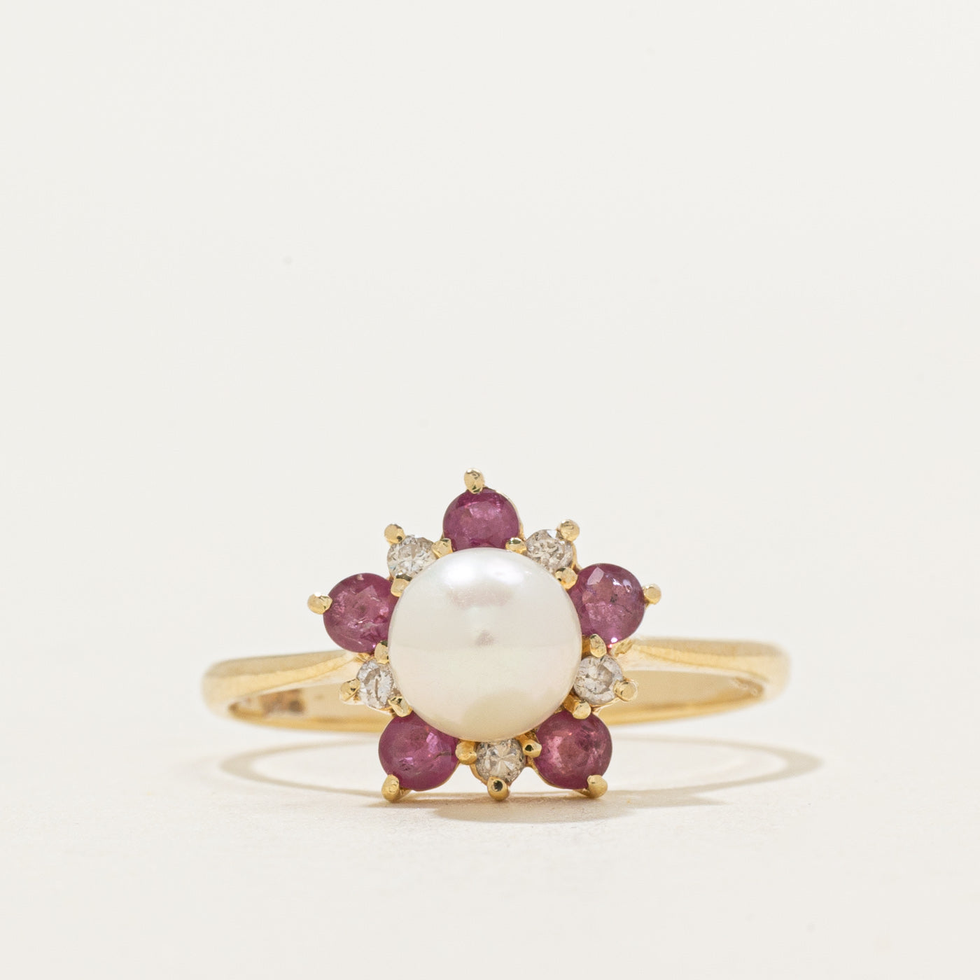 Pearl, Ruby & Diamond Floral Ring | 0.34ctw, 0.05ctw | SZ 6.5