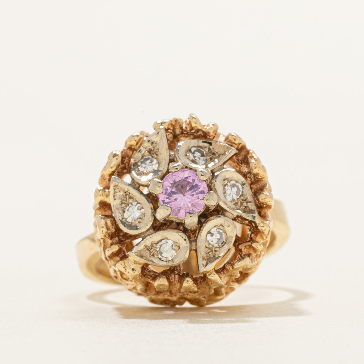 Bague Vintage Saphir Et Diamant - Forme Fleur En Grappe - Or - Taille M 1/2 - Occasion