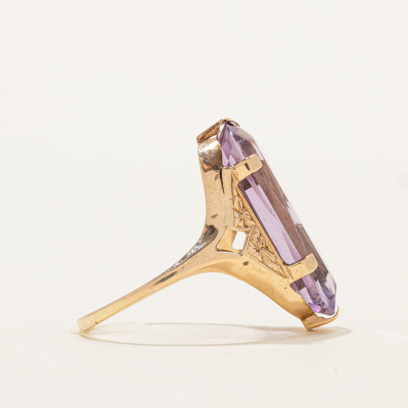 Cushion Cut Amethyst Floral Engraved Ring | 10.00ct | SZ 8.75