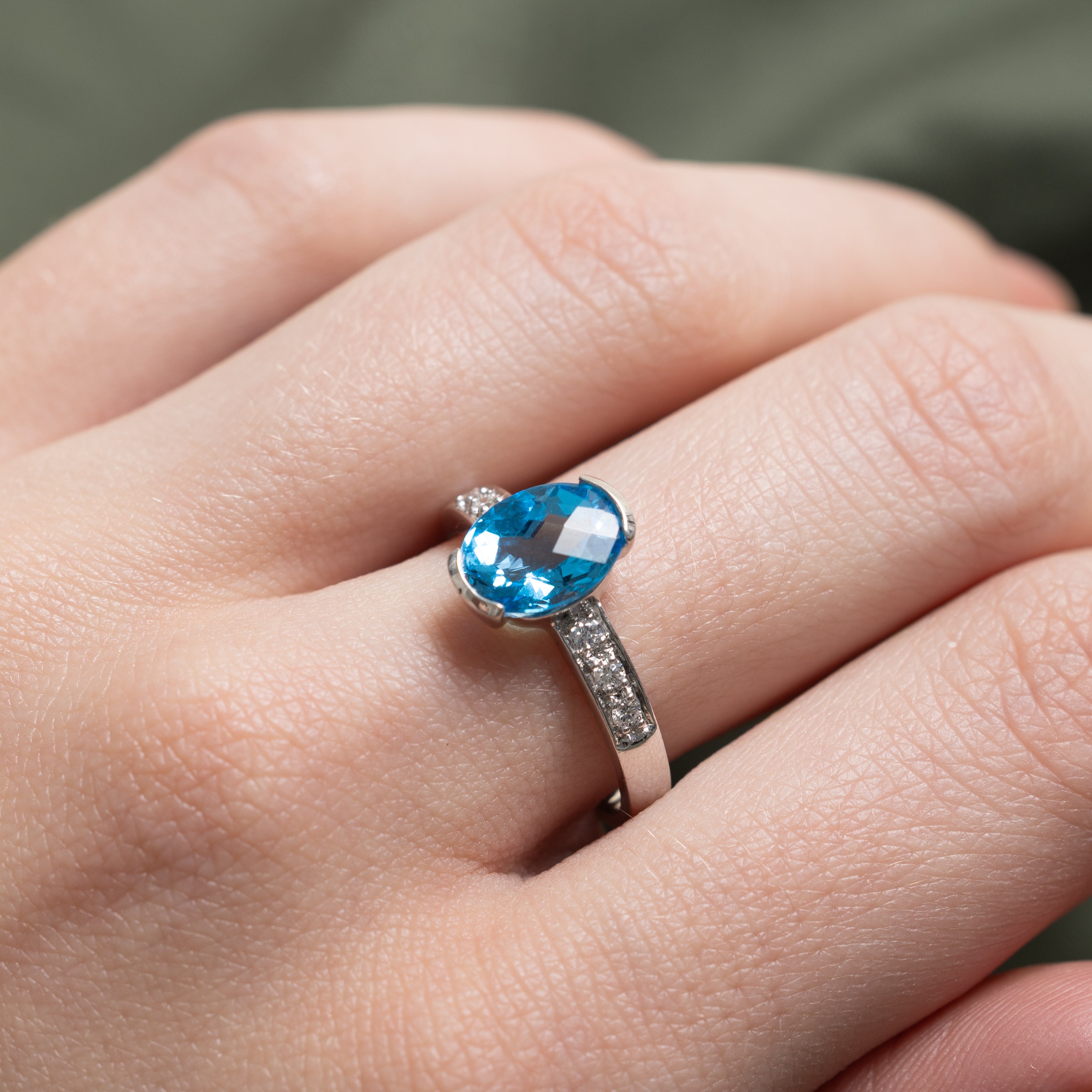 Oval Cut Blue Topaz & Diamond Ring | 2.04ct, 0.18ctw | SZ 7.25