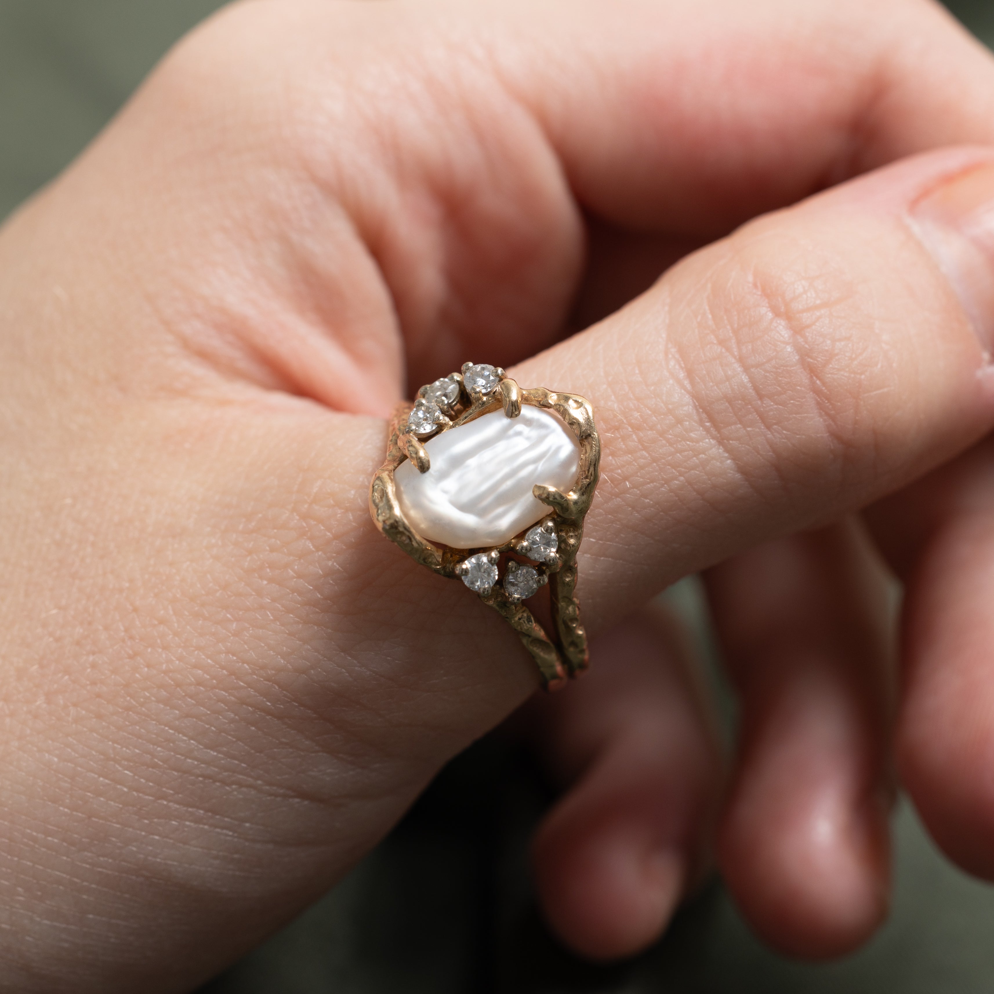 Baroque Pearl & Diamond Textured Cocktail Ring | 0.24ctw | SZ 10.75