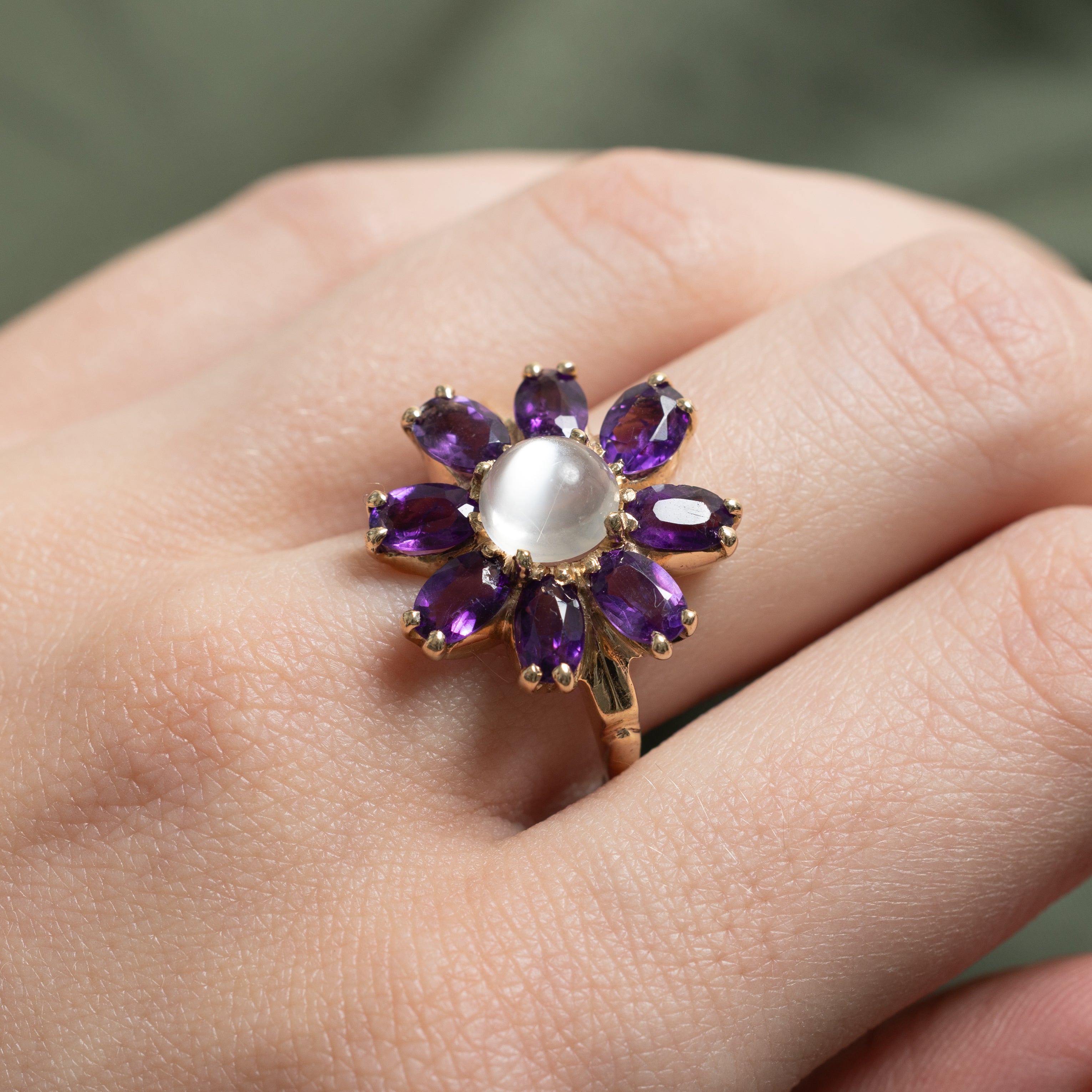 Moonstone & Synthetic Purple Sapphire Flower Cocktail Ring | 1.58ct, 2.32ctw | SZ 7.75