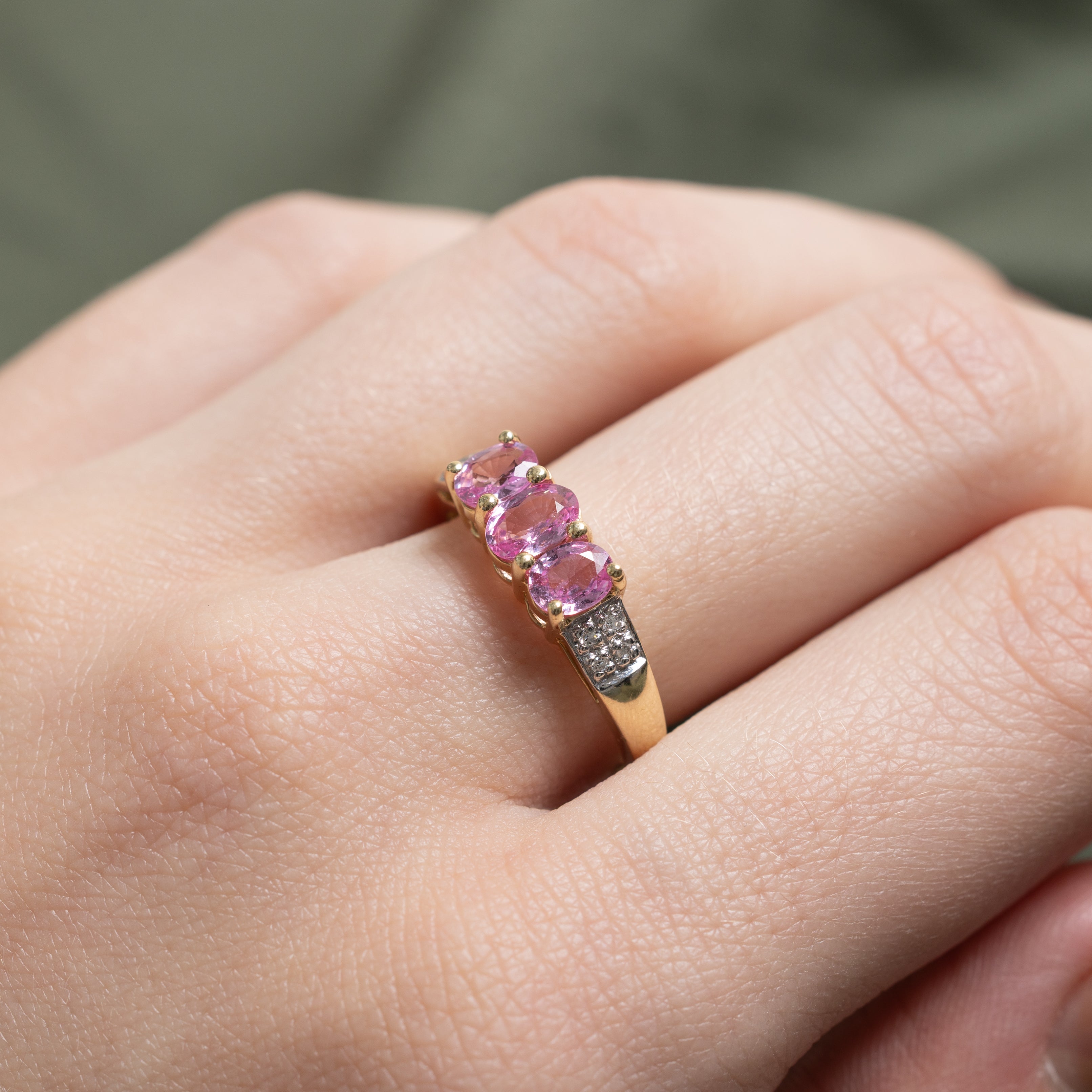 Three Stone Pink Glass & Diamond Ring | 0.95ctw, 0.04ctw | SZ 7.5