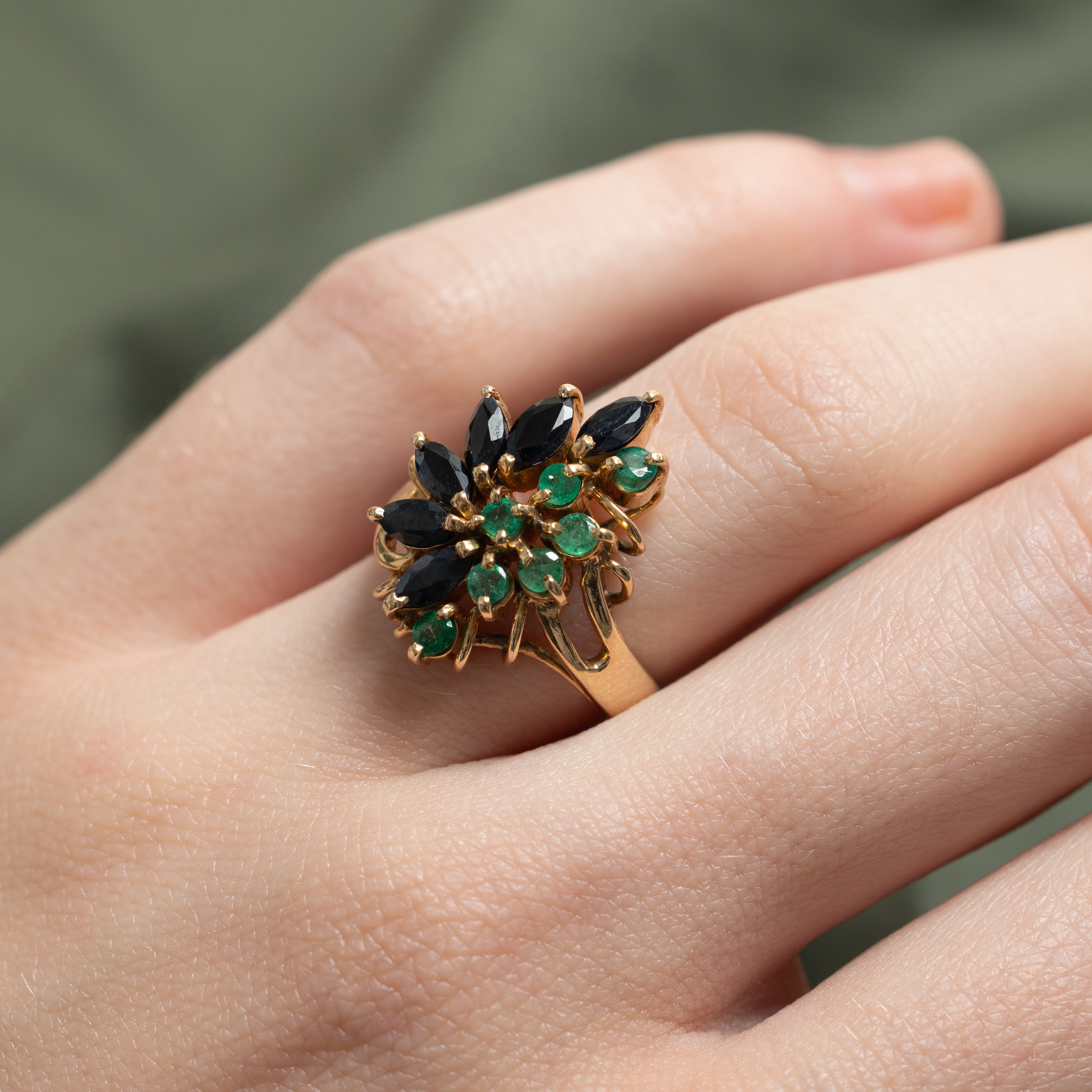 Sapphire & Emerald Floral Cocktail Ring | 1.02ctw, 0.31ctw | SZ 5.25