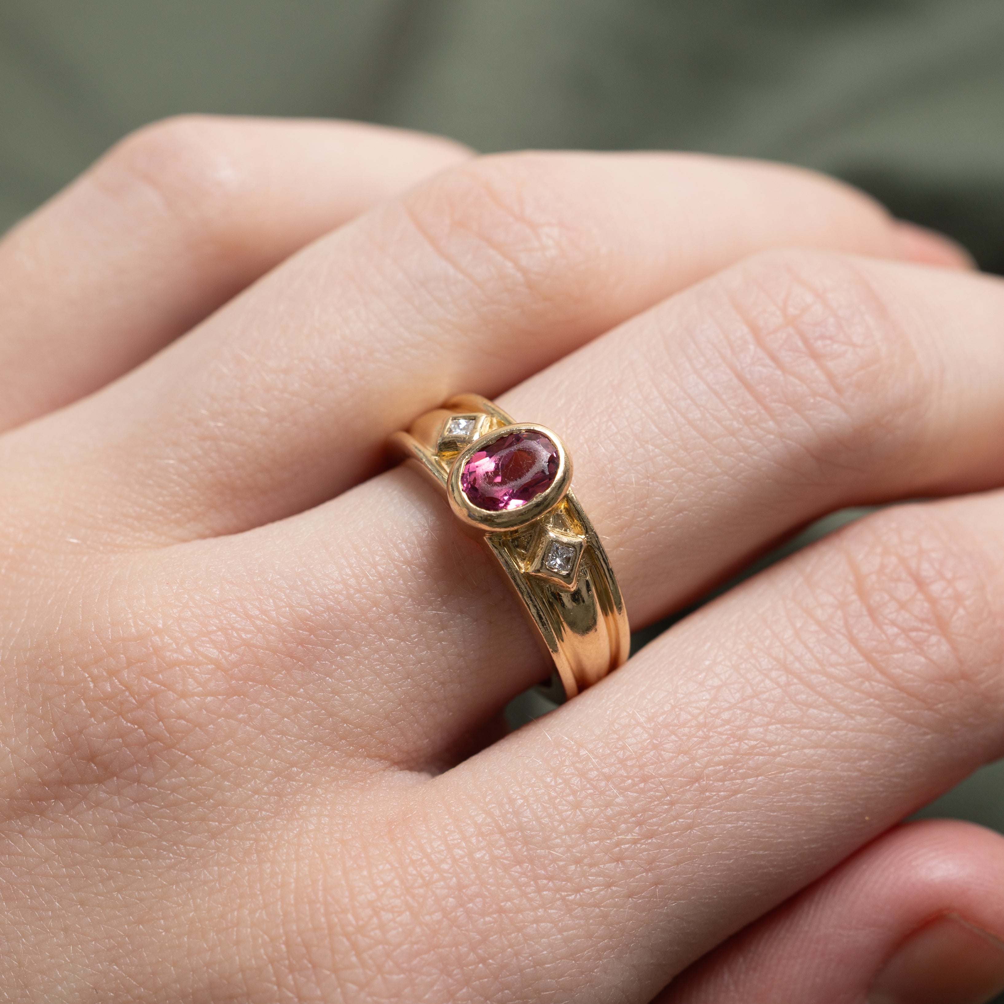 Bezel Set Oval Cut Pink Tourmaline & Diamond Ring | 0.86ct, 0.06ctw | SZ 6.5