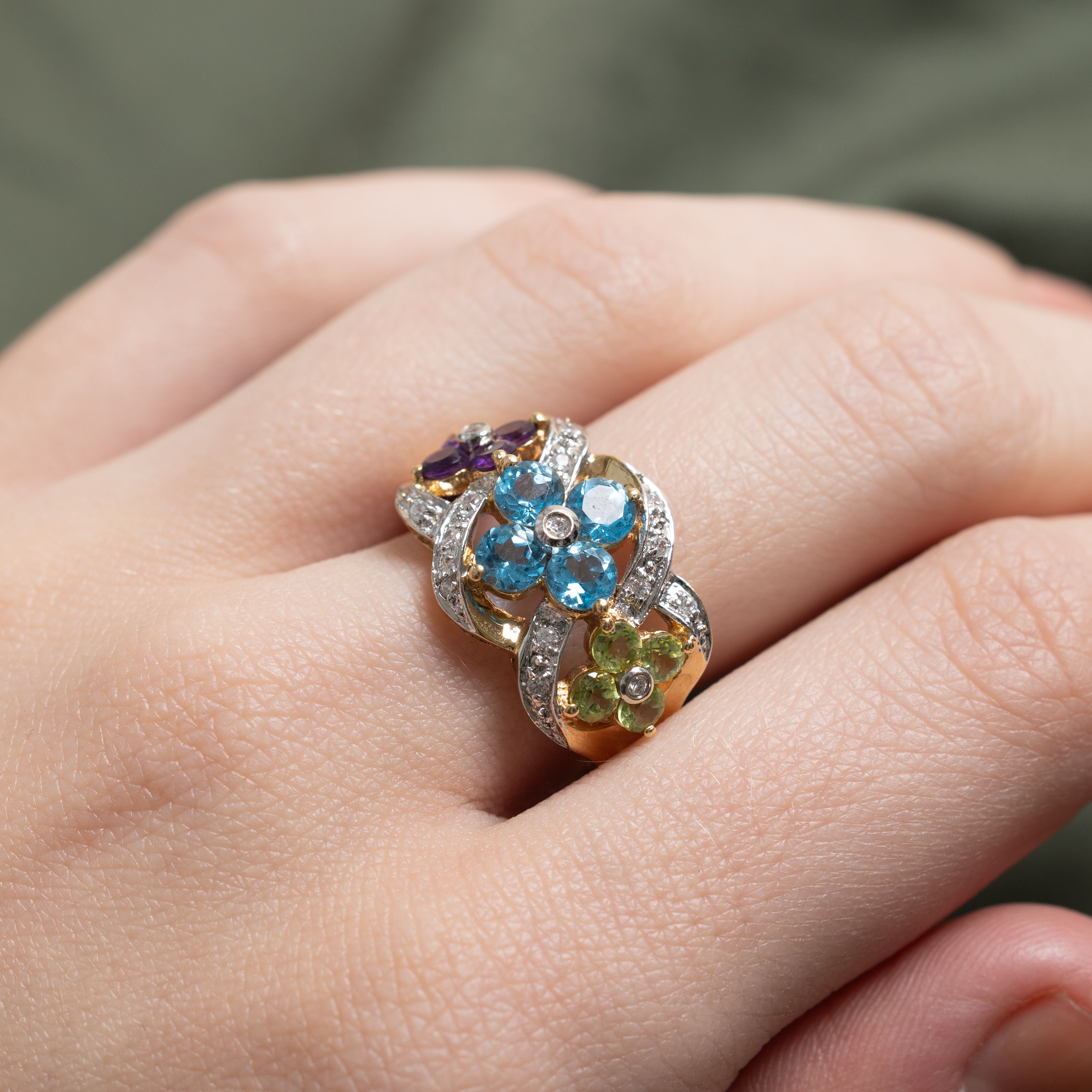 Peridot, Blue Topaz, Amethyst & Diamond Floral Cocktail Ring | 1.92ctw, 0.15ctw | SZ 7