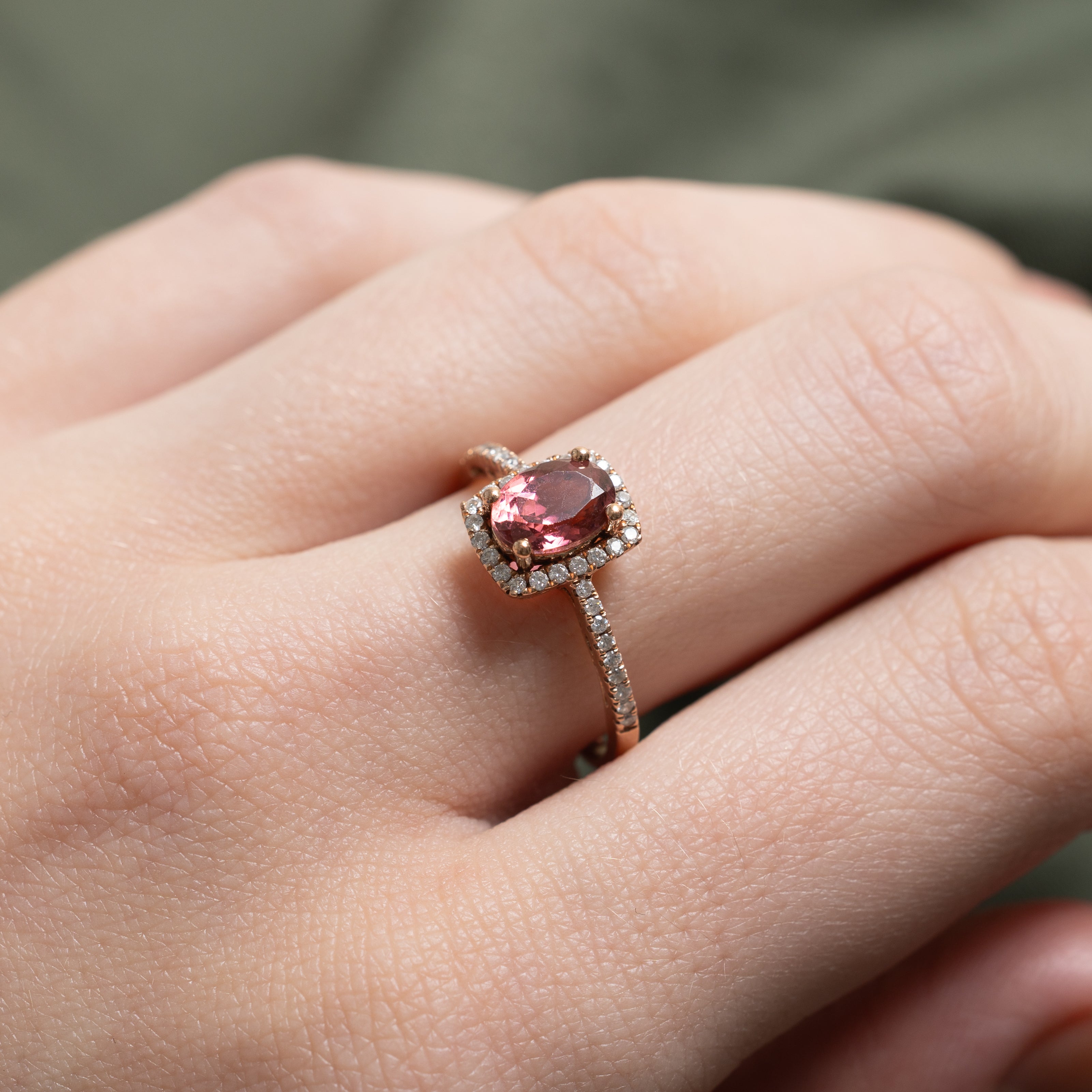 Oval Cut Pink Tourmaline & Diamond Halo Ring | 0.85ct, 0.08ctw | SZ 6.75