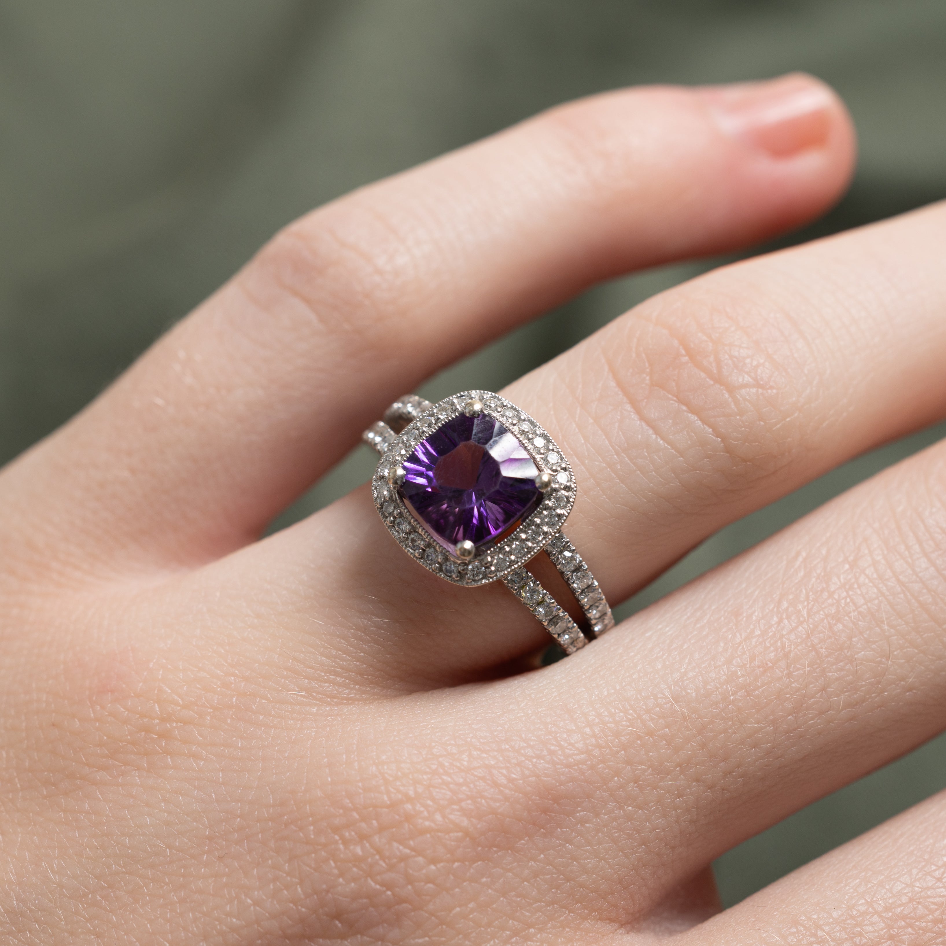 Cushion Cut Amethyst & Diamond Halo Ring | 1.57ct, 0.36ctw | SZ 5