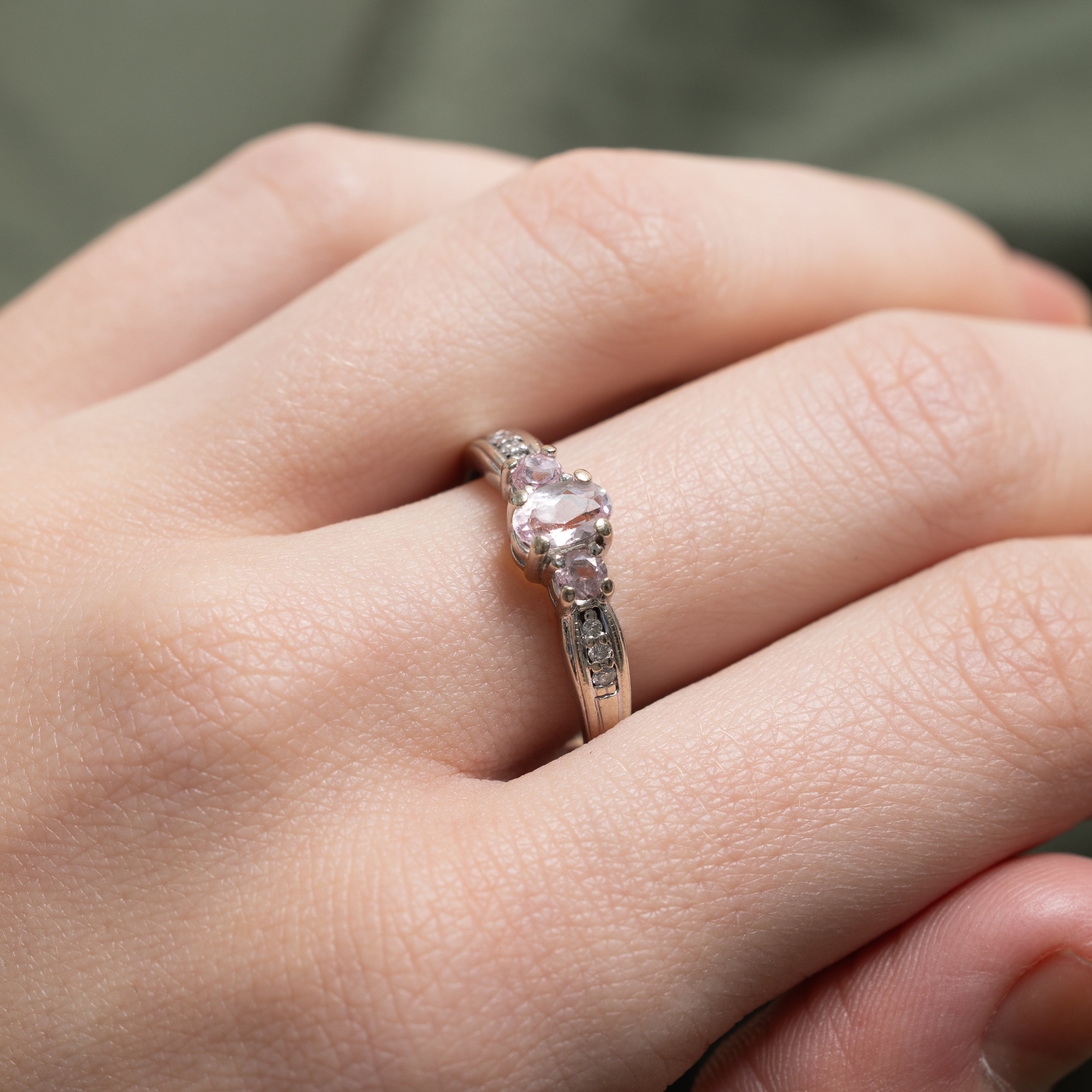 Three Stone Pink Topaz & Diamond Ring | 0.68ctw, 0.02ctw | SZ 9