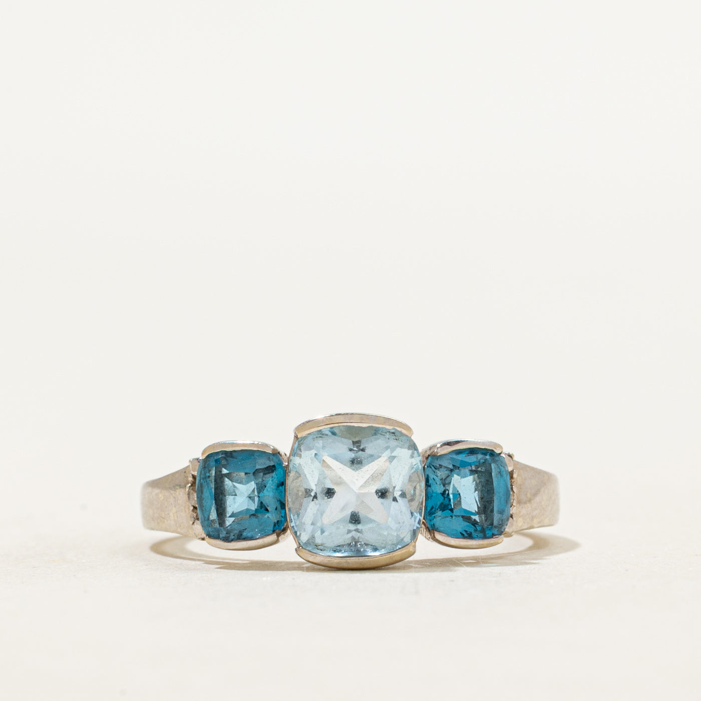 Three Stone Cushion Cut Blue Topaz & Diamond Ring | 1.55ctw, 0.006ctw | SZ 5.75