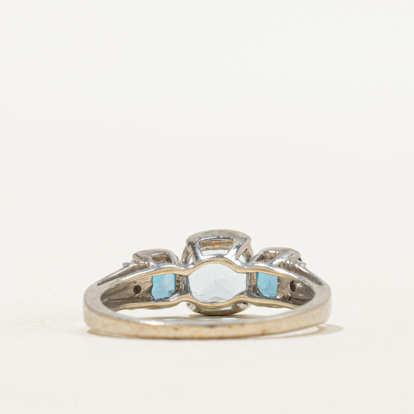Three Stone Cushion Cut Blue Topaz & Diamond Ring | 1.55ctw, 0.006ctw | SZ 5.75