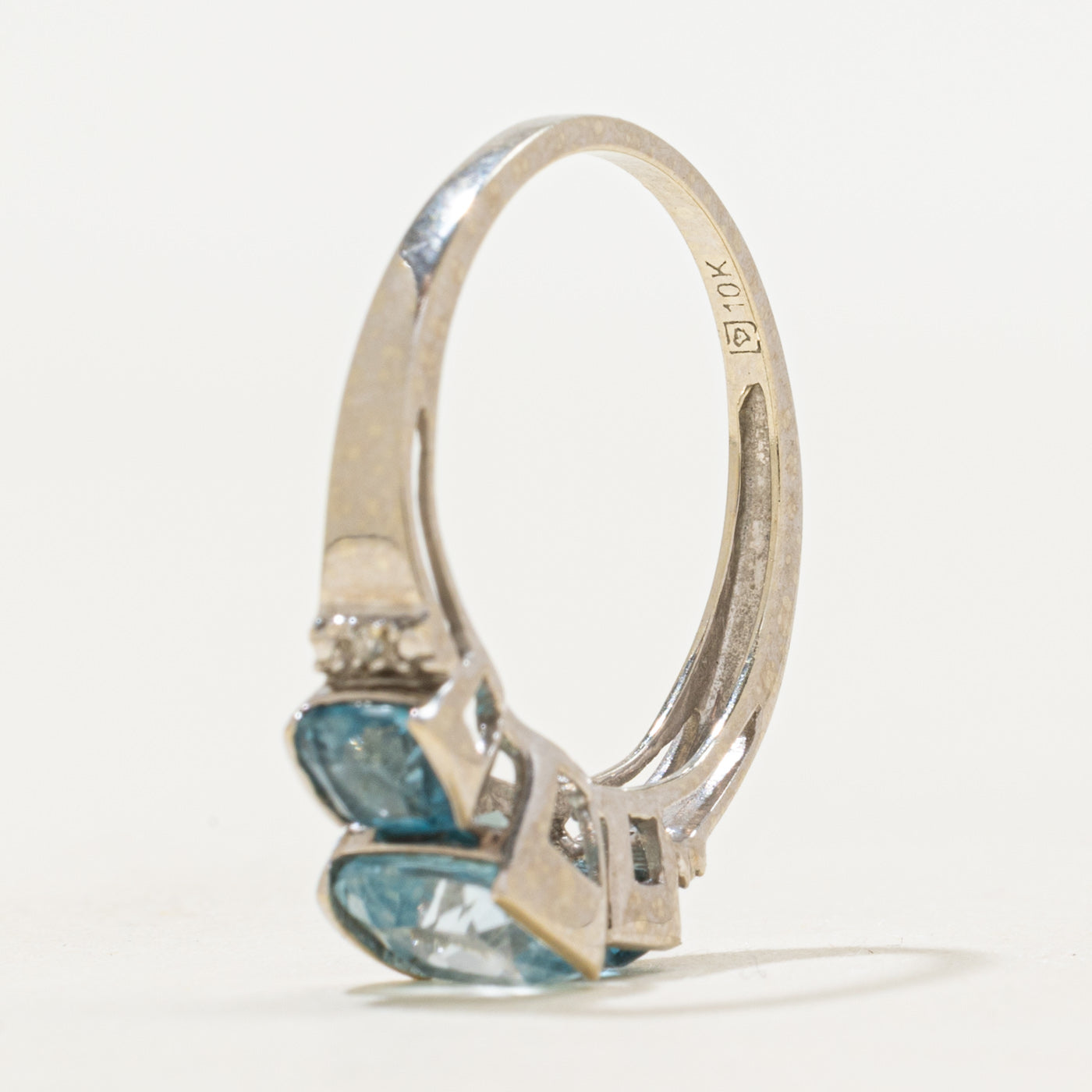 Three Stone Cushion Cut Blue Topaz & Diamond Ring | 1.55ctw, 0.006ctw | SZ 5.75