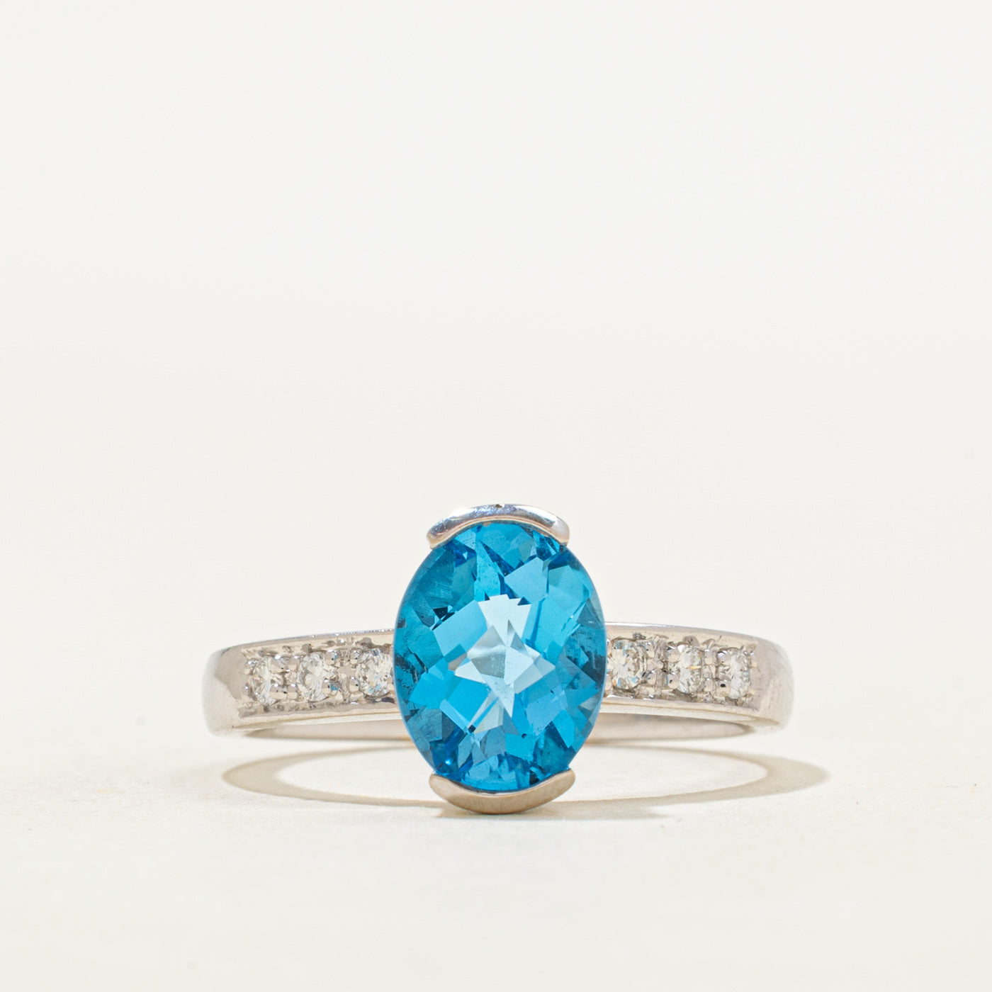 Oval Cut Blue Topaz & Diamond Ring | 2.04ct, 0.18ctw | SZ 7.25