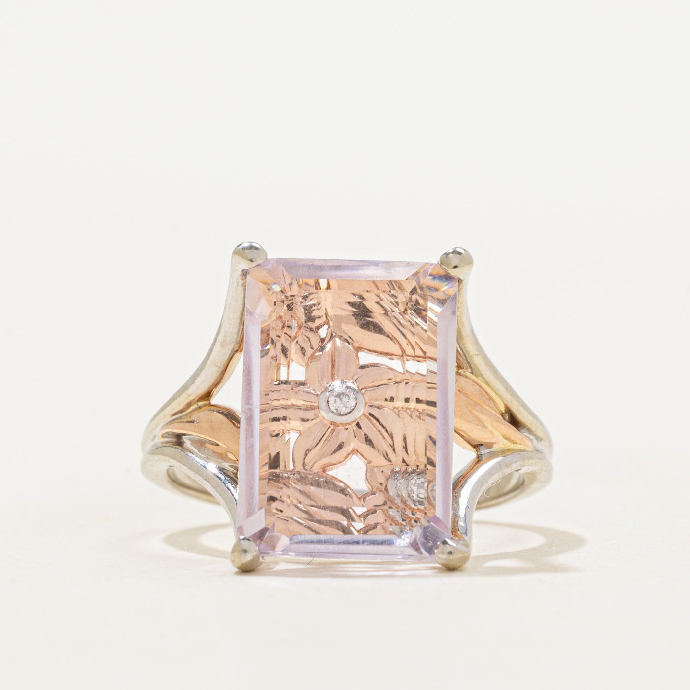 Pink Quartz & Diamond Floral Cocktail Ring | 4.17ct, 0.03ctw | SZ 7