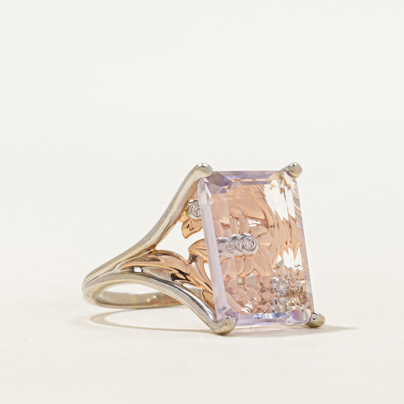Pink Quartz & Diamond Floral Cocktail Ring | 4.17ct, 0.03ctw | SZ 7