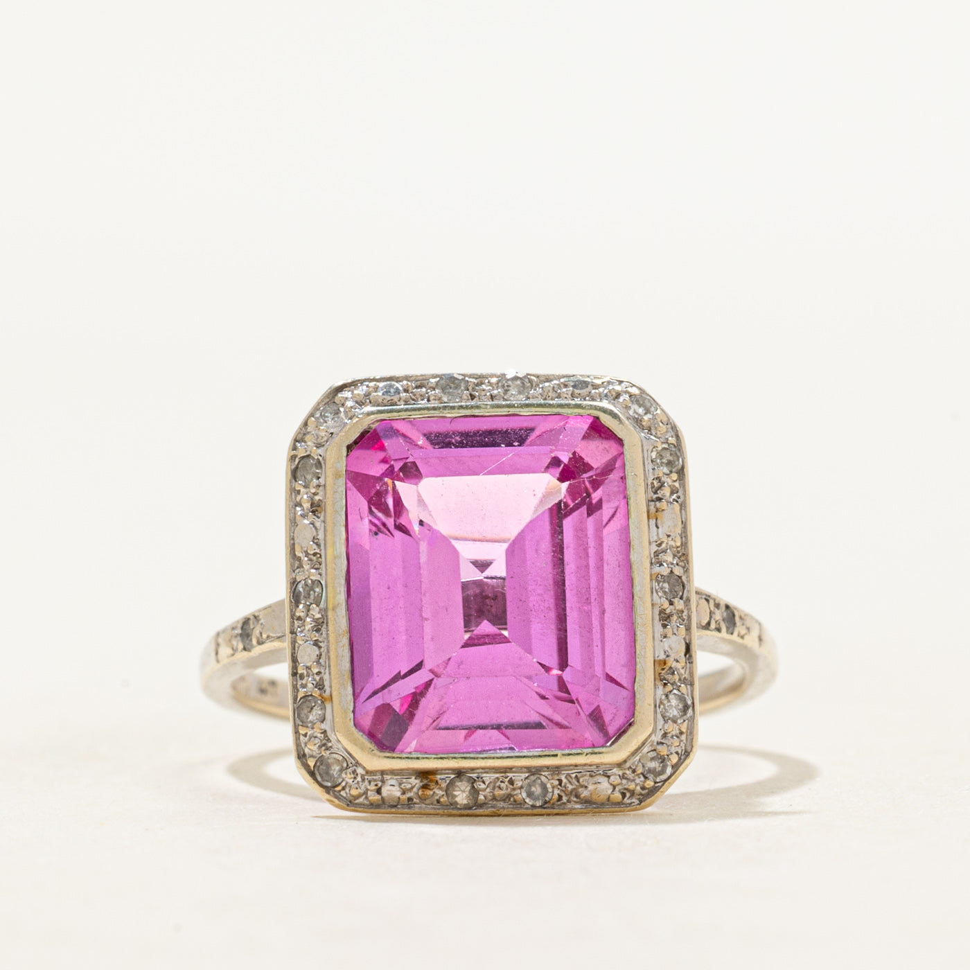 Bezel Set Synthetic Pink Sapphire & Diamond Halo Ring | 6.70ct, 0.02ctw | SZ 6.75
