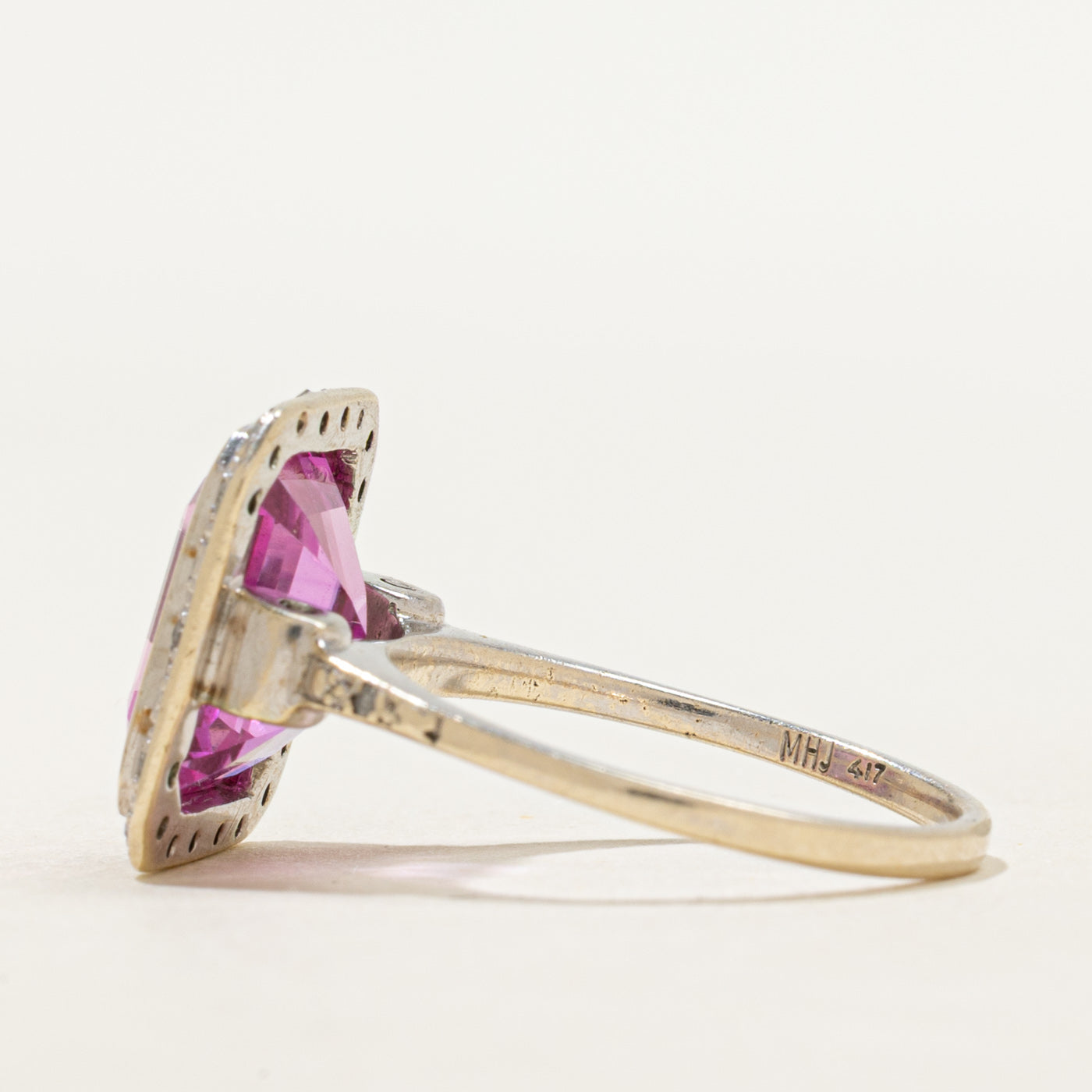 Bezel Set Synthetic Pink Sapphire & Diamond Halo Ring | 6.70ct, 0.02ctw | SZ 6.75