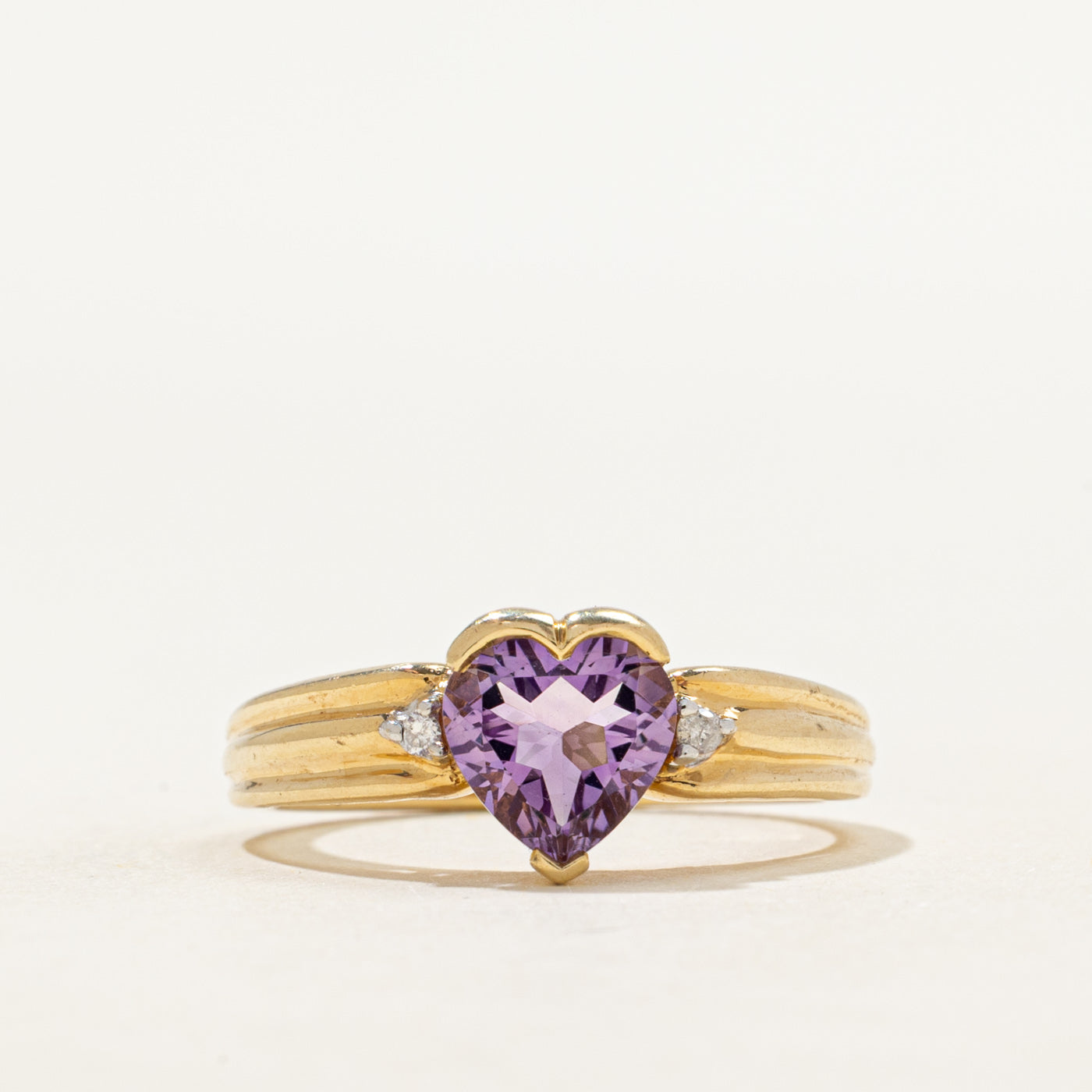Amethyst & Diamond Grooved Heart Ring | 1.21ct, 0.02ctw | SZ 6.5