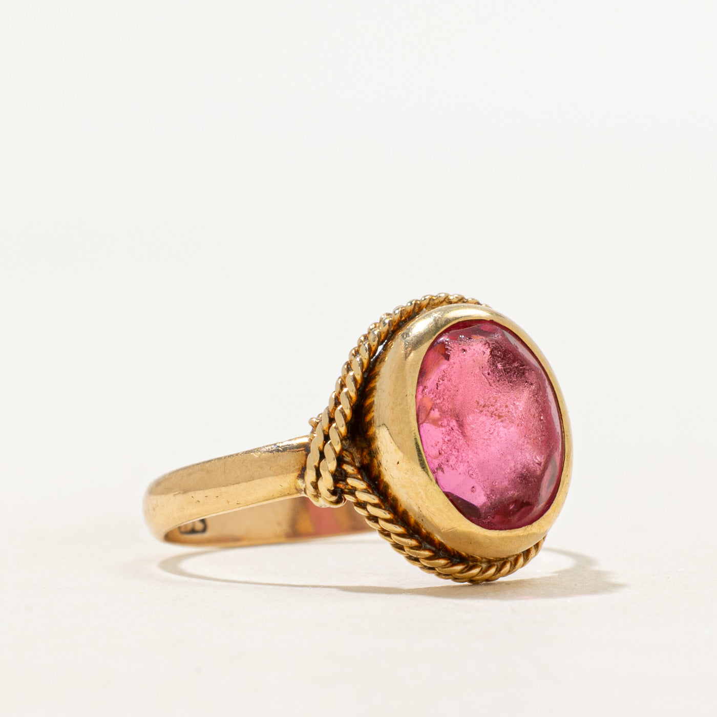 18k Bezel Set Pink Glass Rope Textured Ring | 3.15ct | SZ 5.5