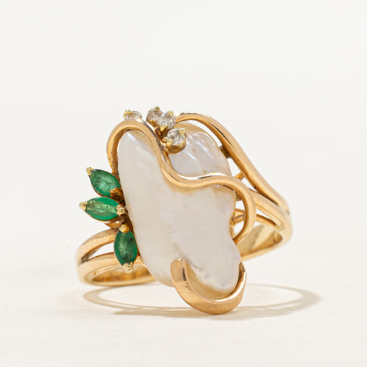 Baroque Pearl, Emerald & Diamond Cocktail Ring | 0.15ctw, 0.04ctw | SZ 6.5