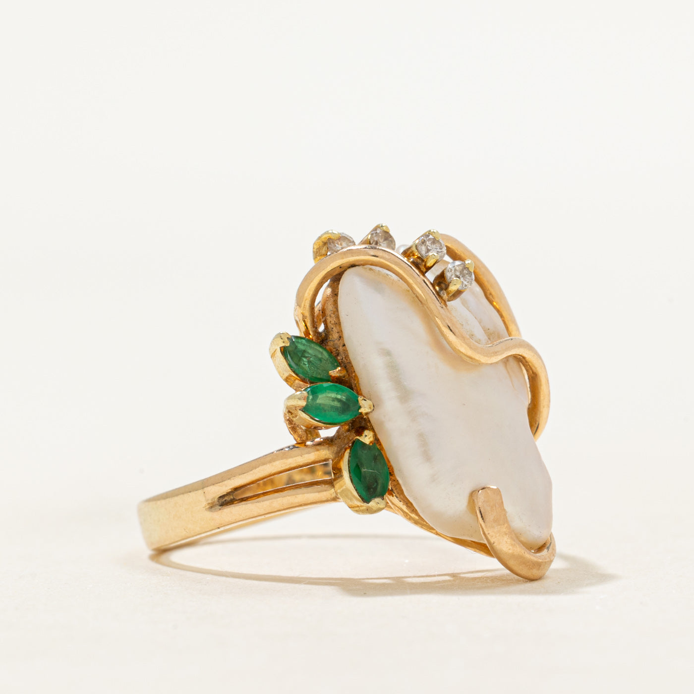 Baroque Pearl, Emerald & Diamond Cocktail Ring | 0.15ctw, 0.04ctw | SZ 6.5