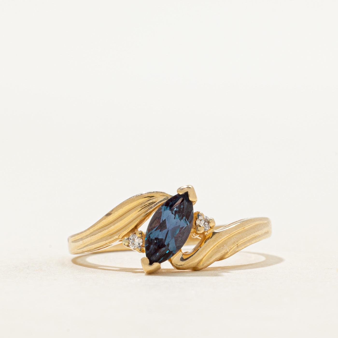 Synthetic Colour Change Sapphire & Natural Diamond Bypass Ring | 0.72ct, 0.02ctw | SZ 8