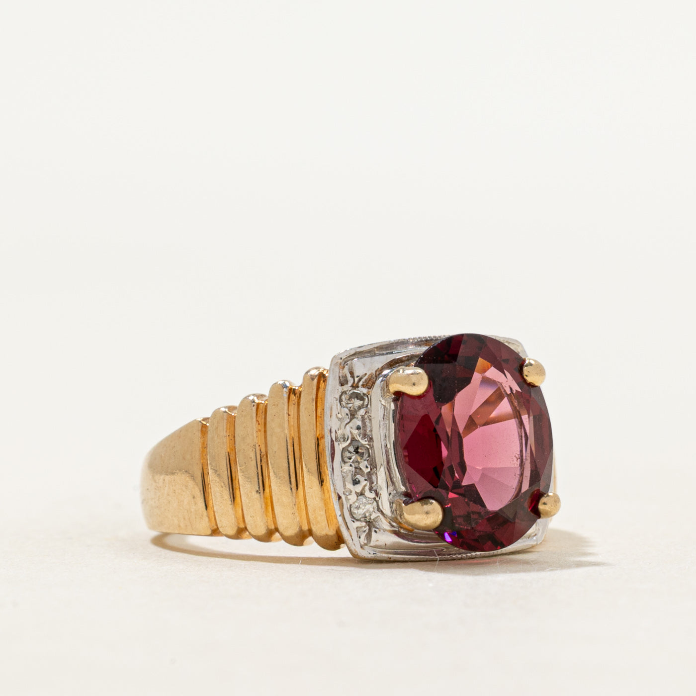 Rubellite Tourmaline & Diamond Grooved Cocktail Ring | 1.91ct, 0.06ctw | SZ 6
