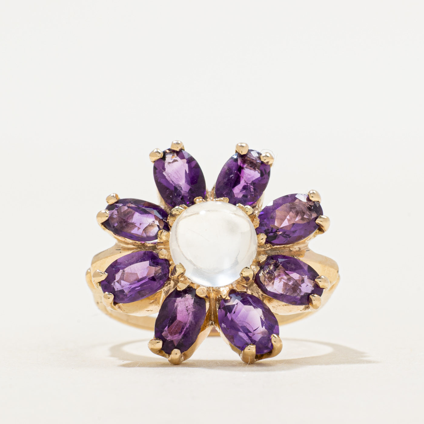 Moonstone & Synthetic Purple Sapphire Flower Cocktail Ring | 1.58ct, 2.32ctw | SZ 7.75