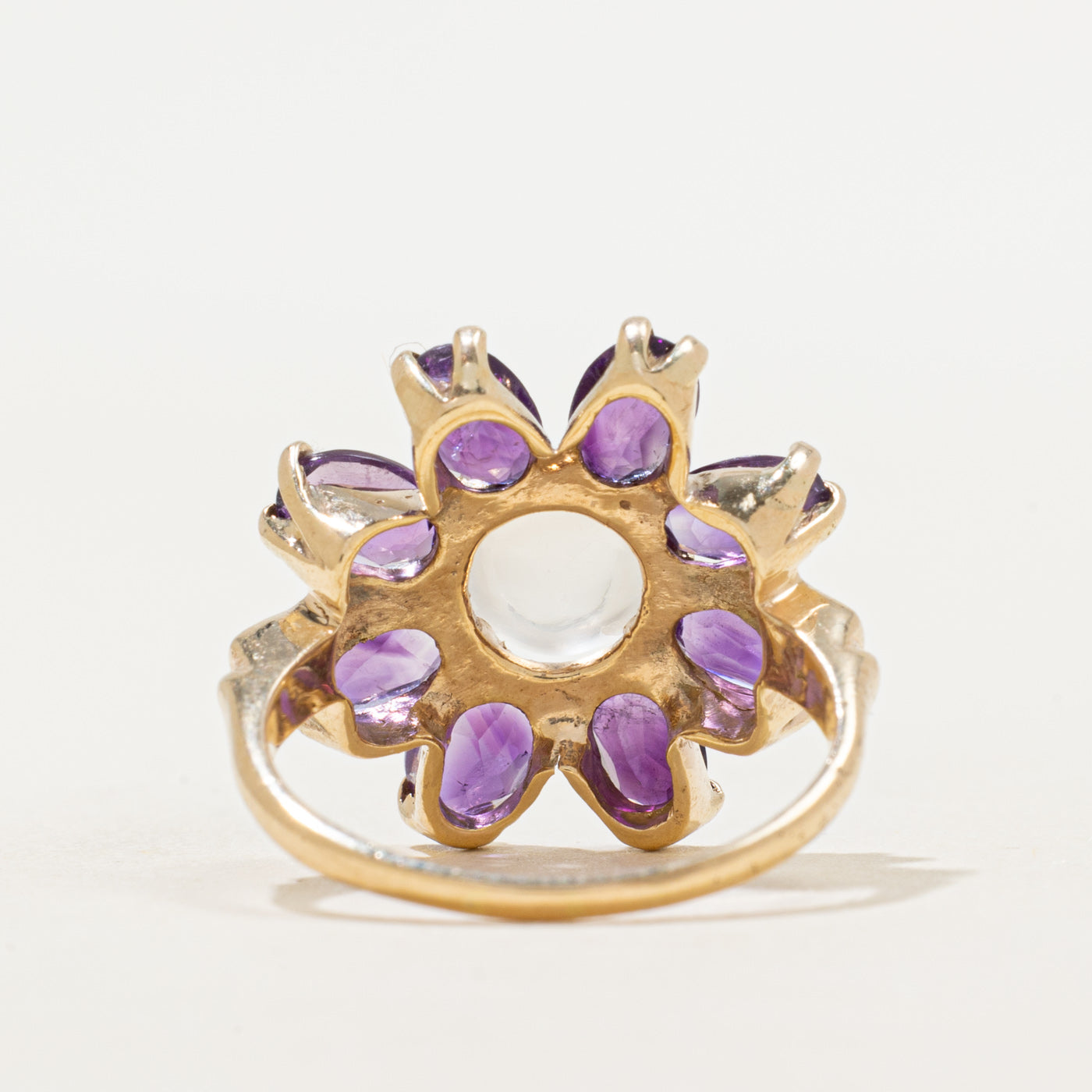 Moonstone & Synthetic Purple Sapphire Flower Cocktail Ring | 1.58ct, 2.32ctw | SZ 7.75