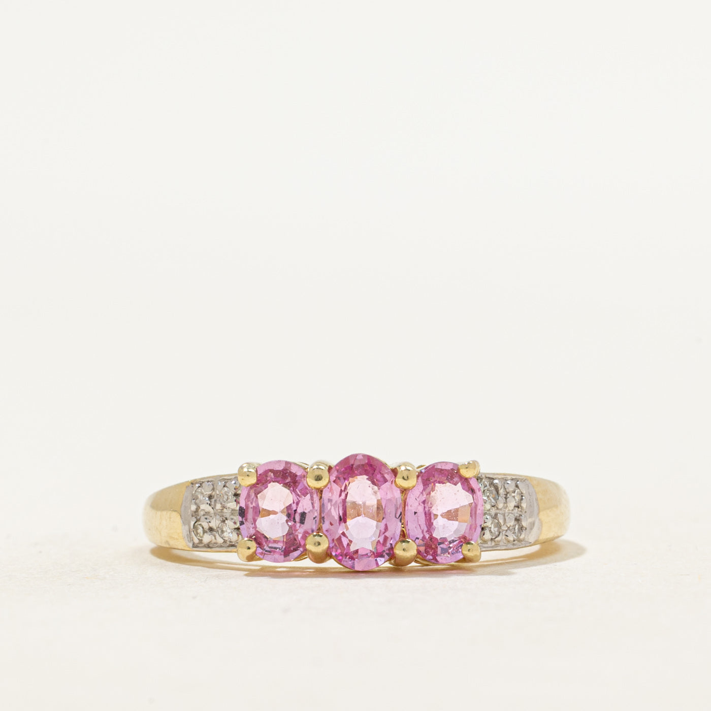 Three Stone Pink Glass & Diamond Ring | 0.95ctw, 0.04ctw | SZ 7.5