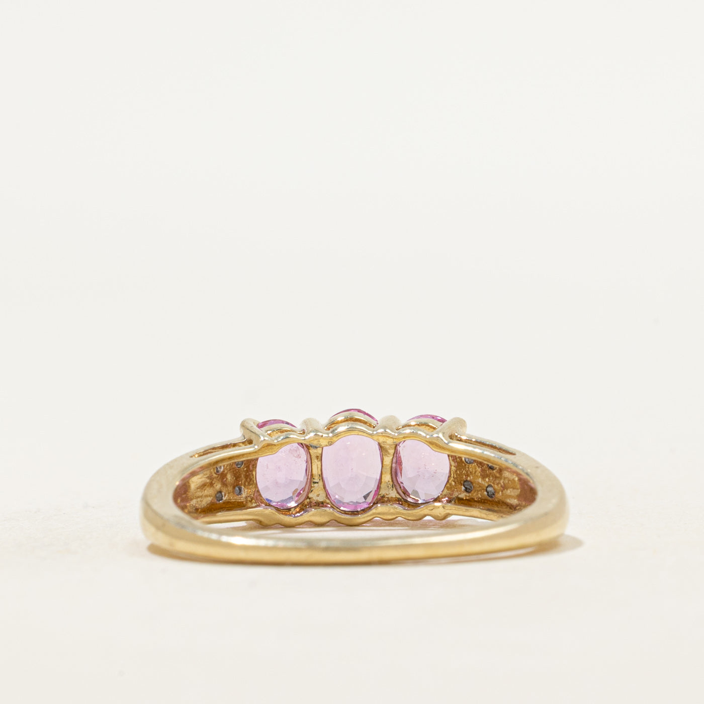 Three Stone Pink Glass & Diamond Ring | 0.95ctw, 0.04ctw | SZ 7.5