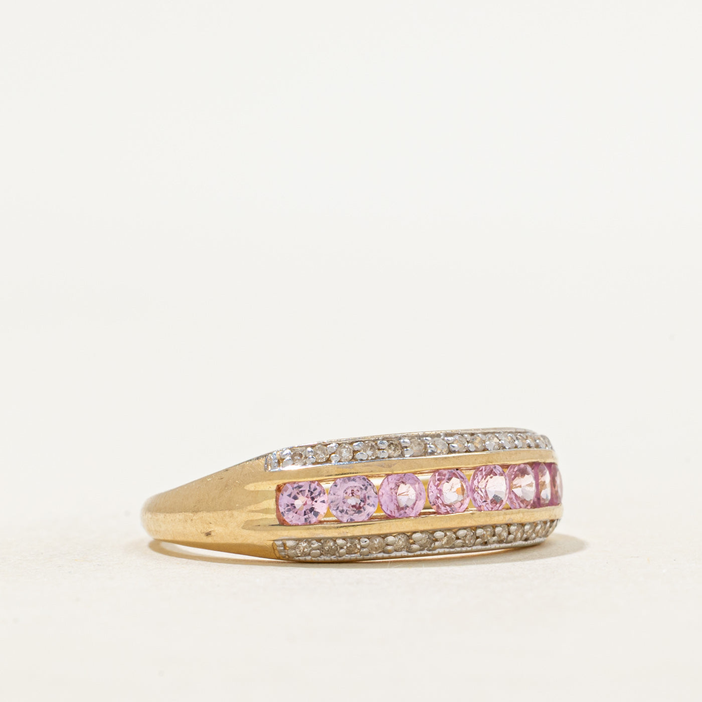 Bague multi-rangs en saphir rose synthétique et diamants naturels | 0,88 ct, 0,09 ct | Taille 8