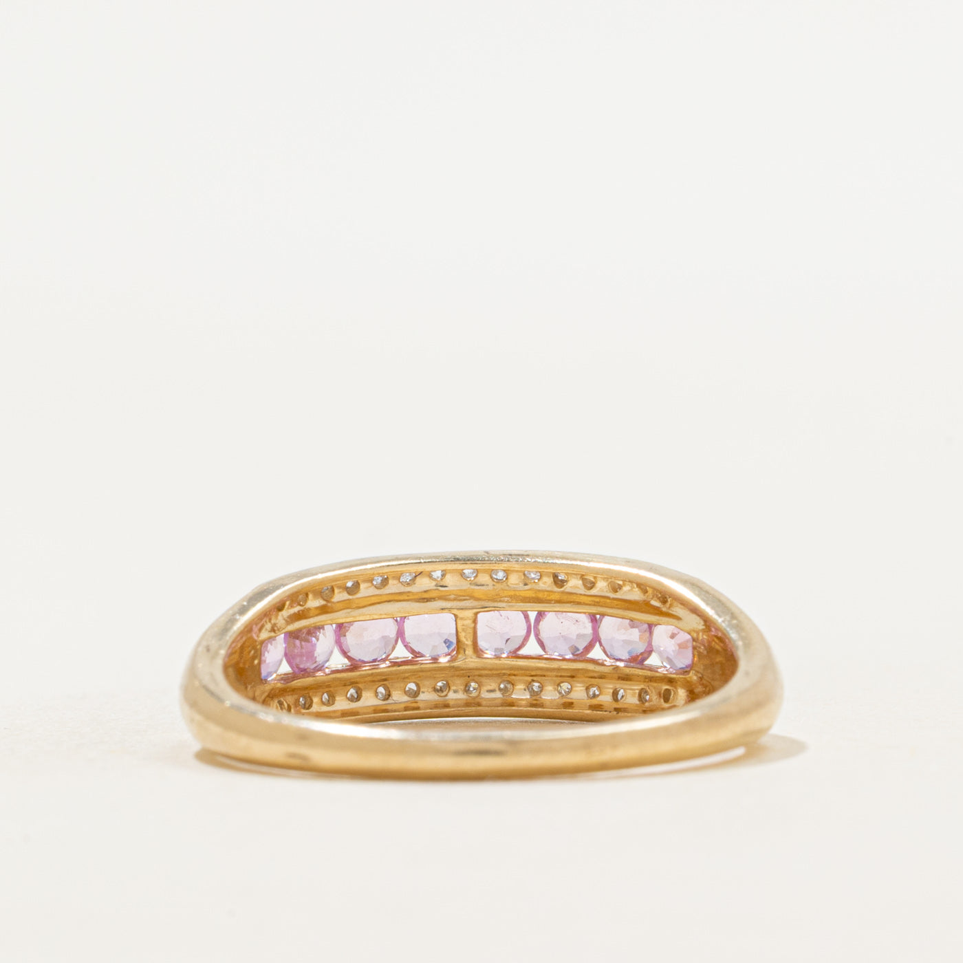 Bague multi-rangs en saphir rose synthétique et diamants naturels | 0,88 ct, 0,09 ct | Taille 8