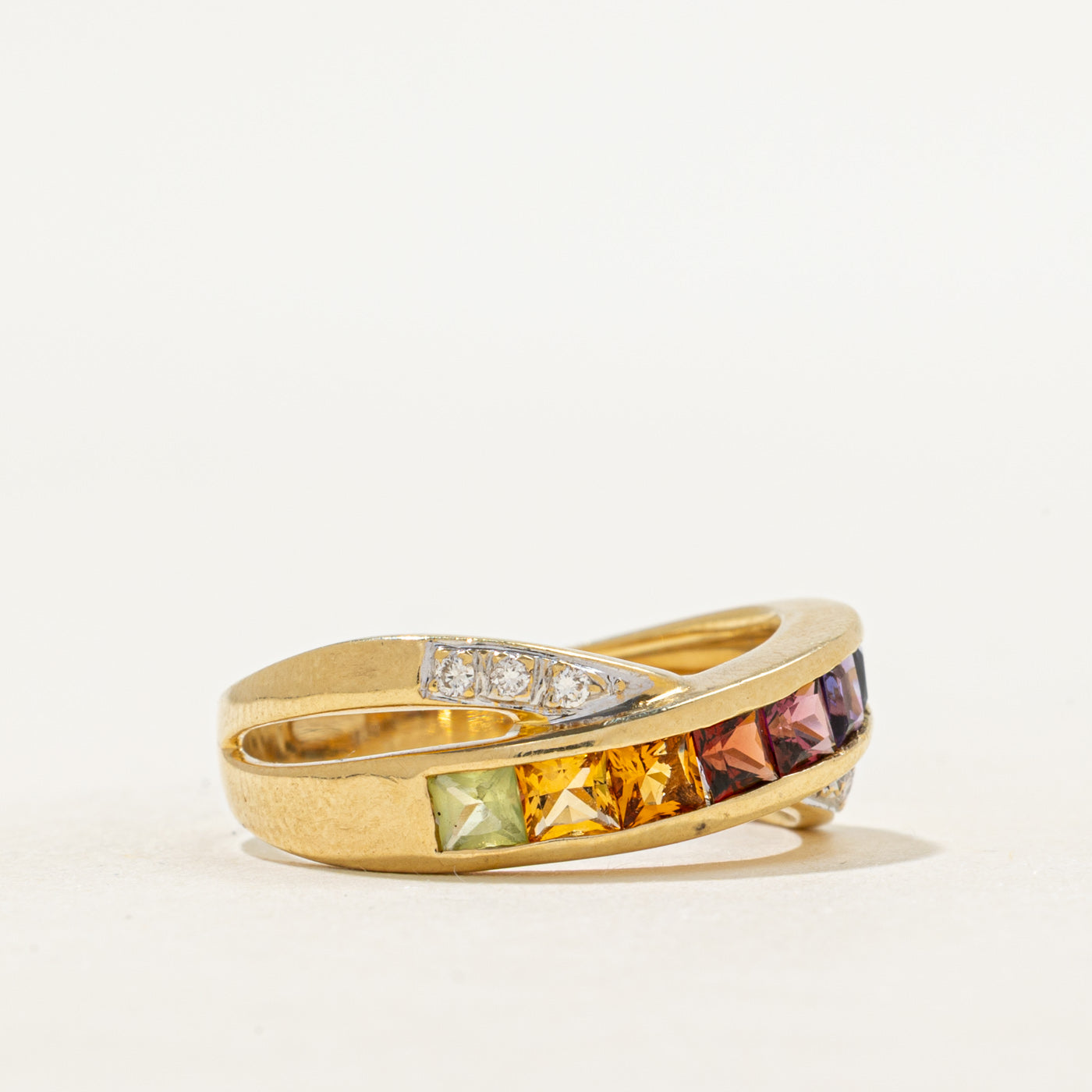 18k Multi Gemstone & Diamond Cross Over Ring | 1.30ctw, 0.06ctw | SZ 8.5