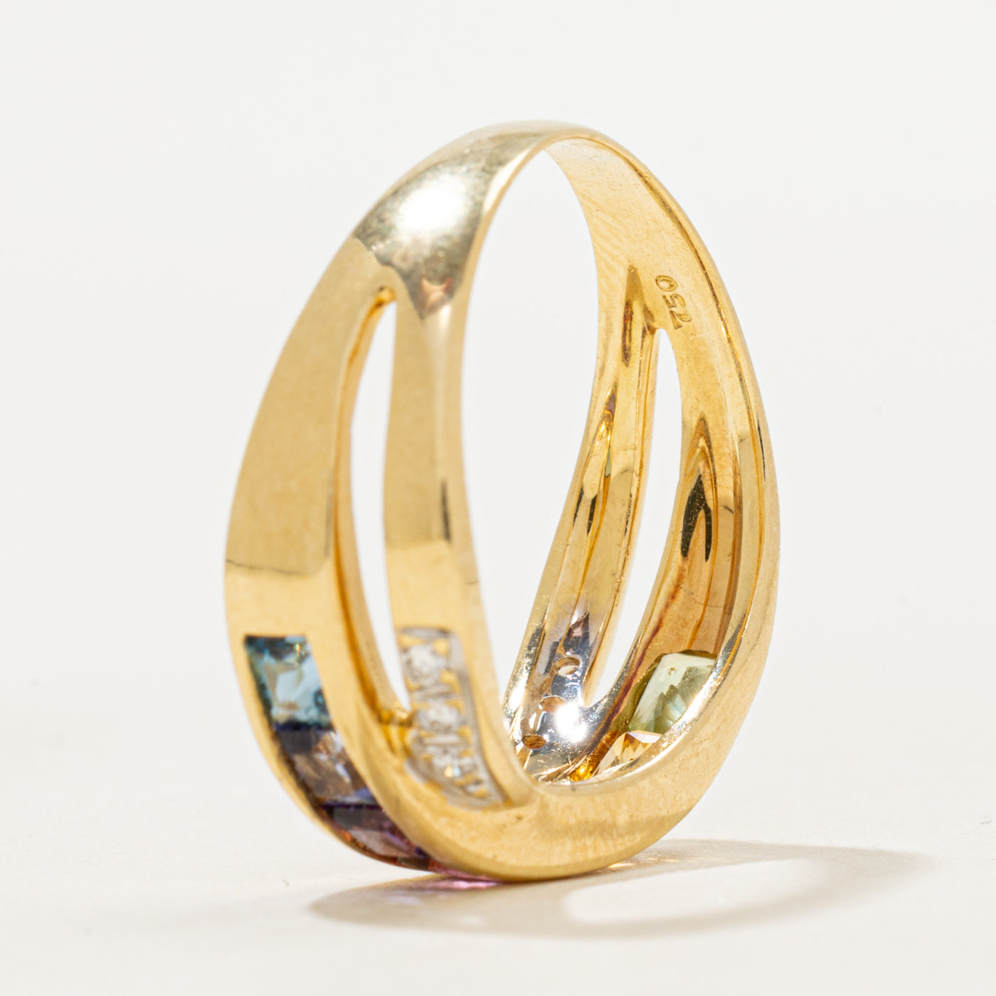18k Multi Gemstone & Diamond Cross Over Ring | 1.30ctw, 0.06ctw | SZ 8.5