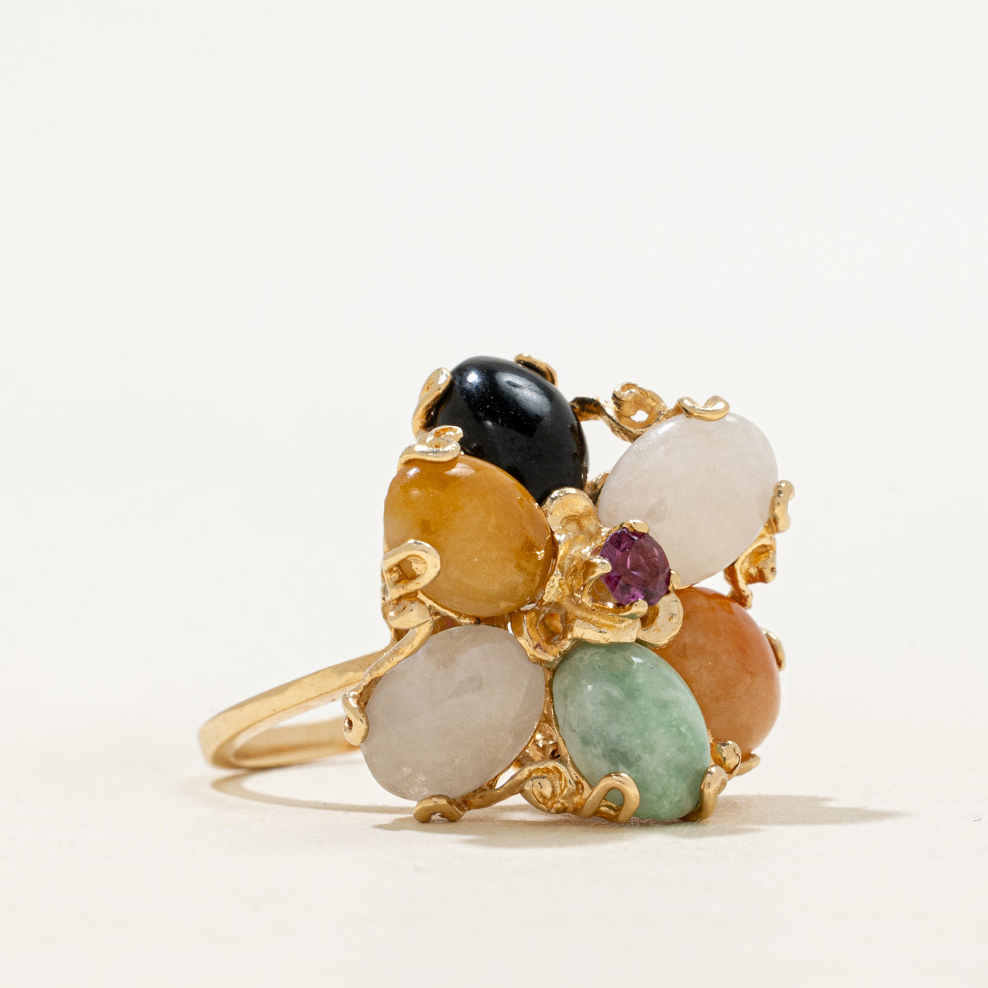 18k Jadeite & Ruby Floral Cocktail Ring | 6.12ctw, 0.16ct | SZ 5