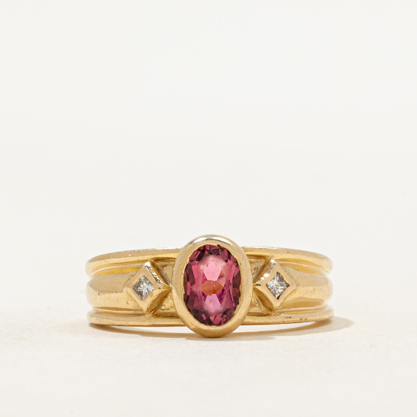 Bezel Set Oval Cut Pink Tourmaline & Diamond Ring | 0.86ct, 0.06ctw | SZ 6.5