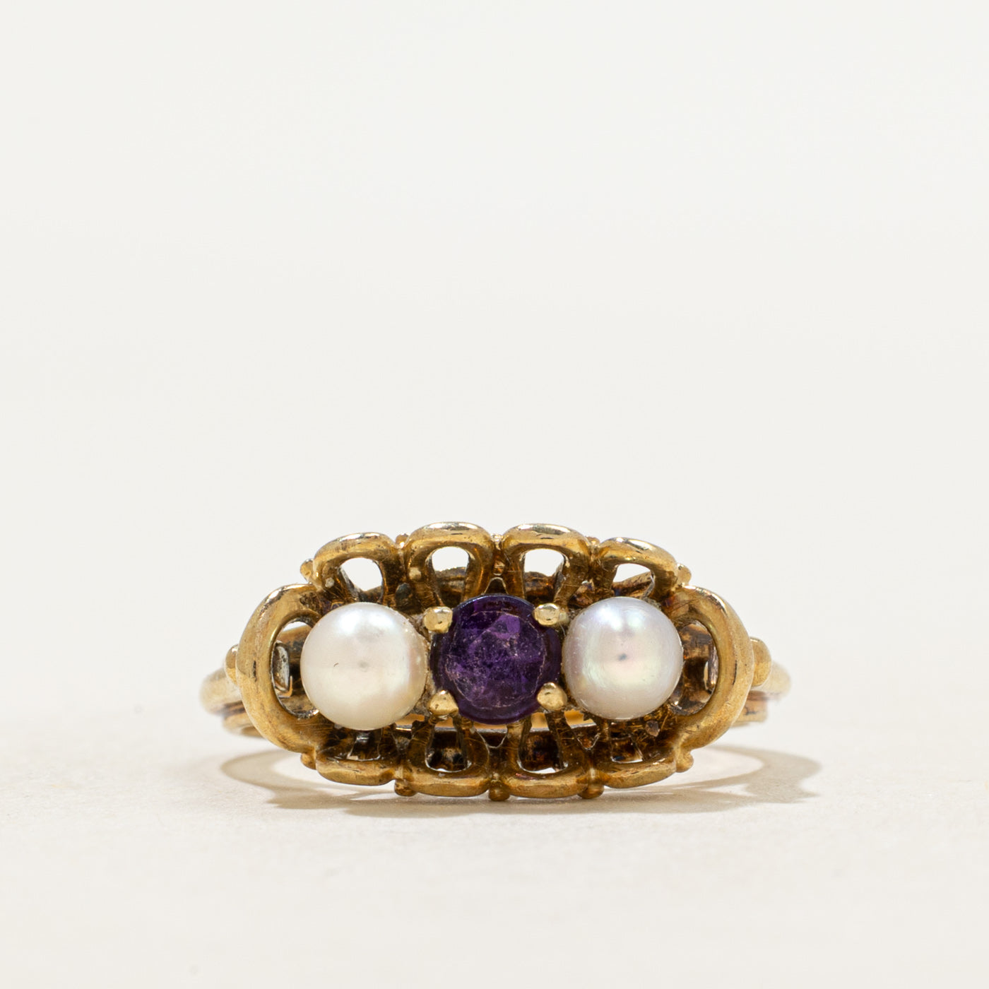 Three Stone Amethyst & Pearl Openwork Ring | 0.46ct | SZ 5