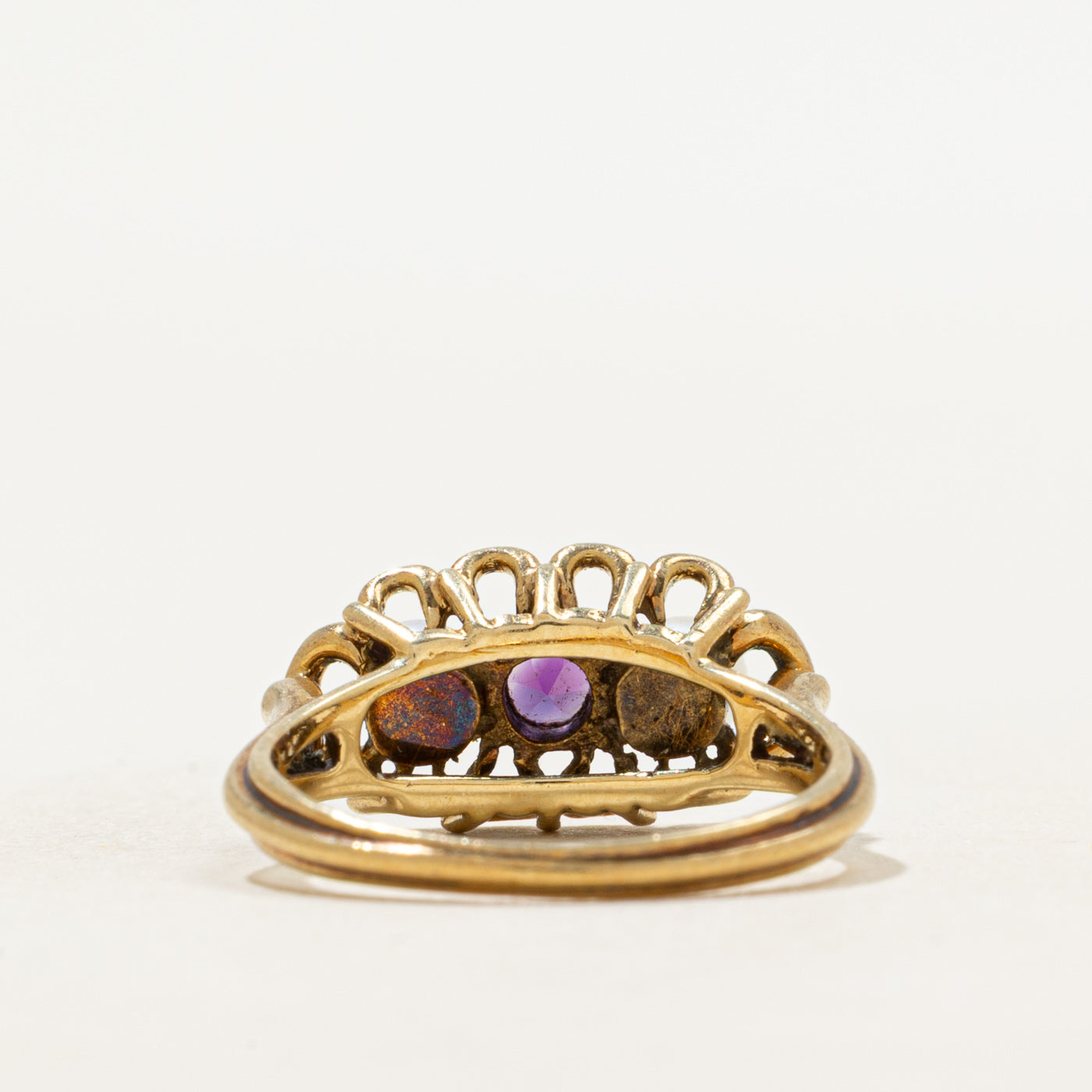 Three Stone Amethyst & Pearl Openwork Ring | 0.46ct | SZ 5