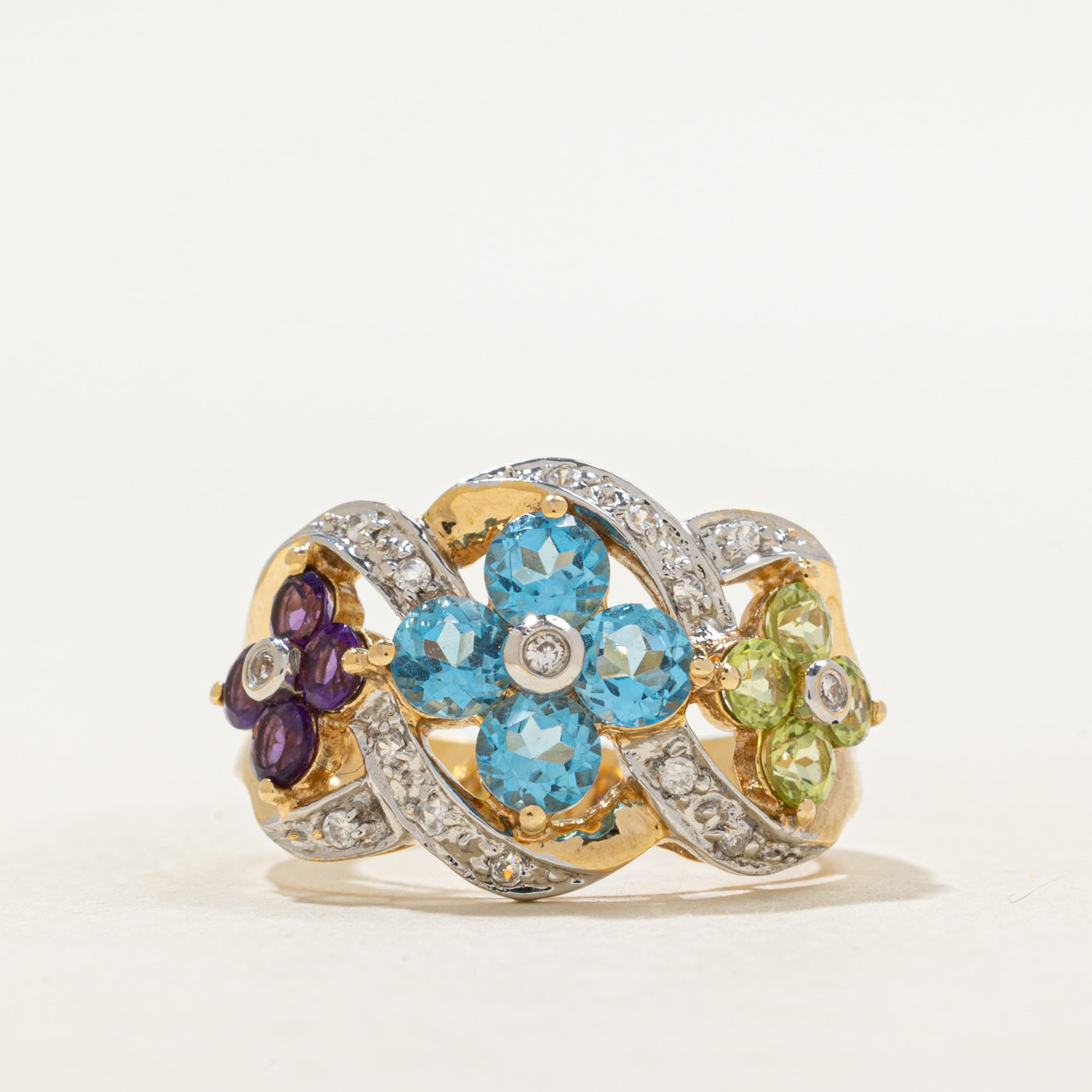 Peridot, Blue Topaz, Amethyst & Diamond Floral Cocktail Ring | 1.92ctw, 0.15ctw | SZ 7