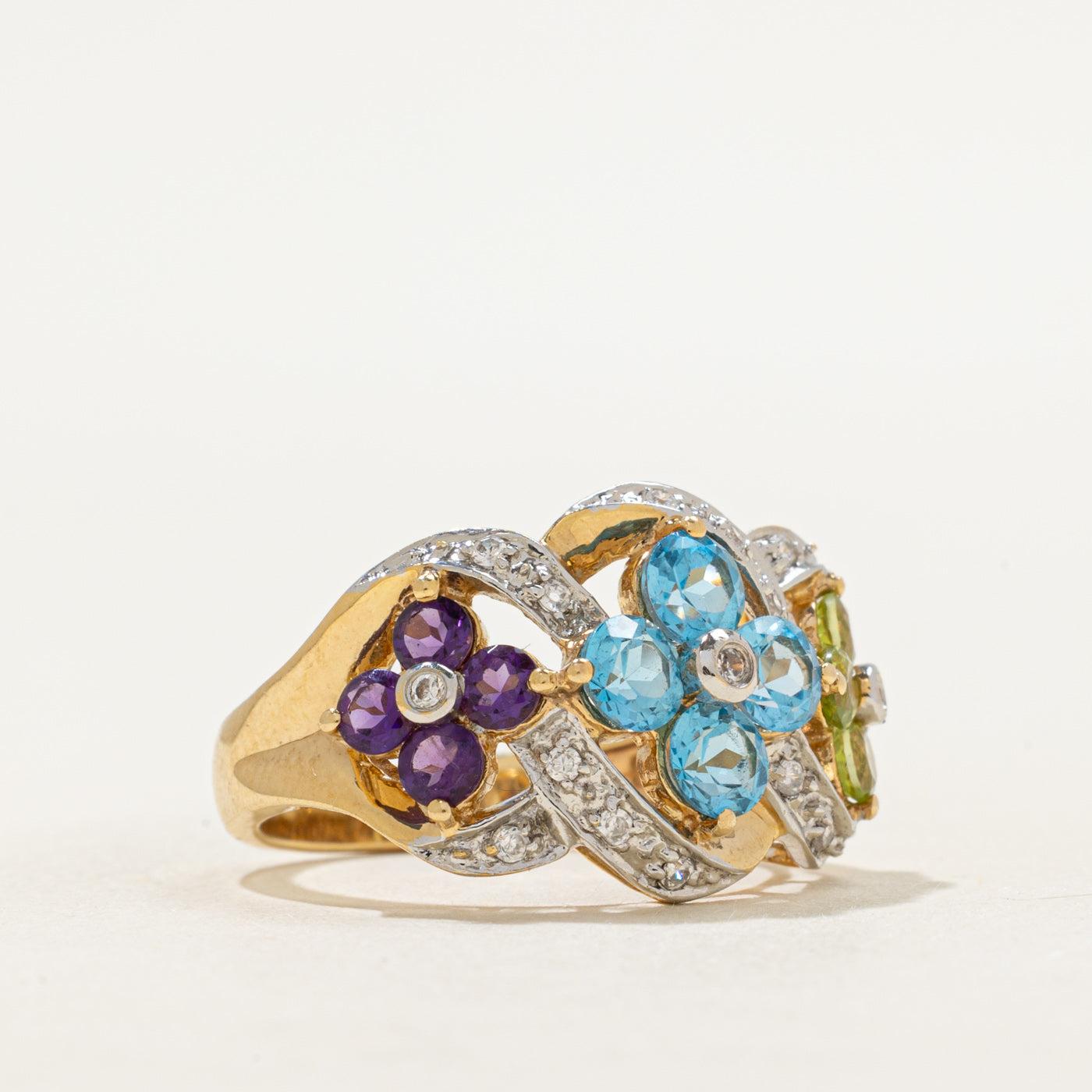 Peridot, Blue Topaz, Amethyst & Diamond Floral Cocktail Ring | 1.92ctw, 0.15ctw | SZ 7