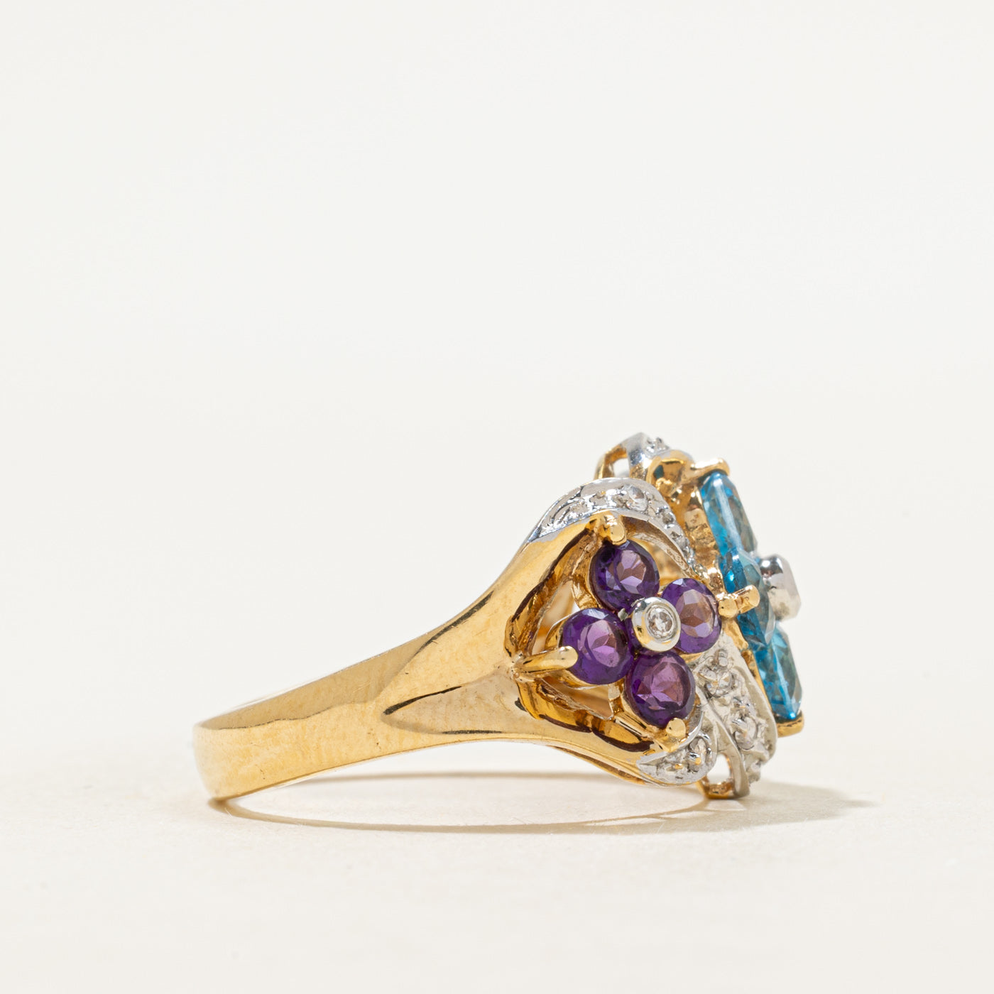 Peridot, Blue Topaz, Amethyst & Diamond Floral Cocktail Ring | 1.92ctw, 0.15ctw | SZ 7