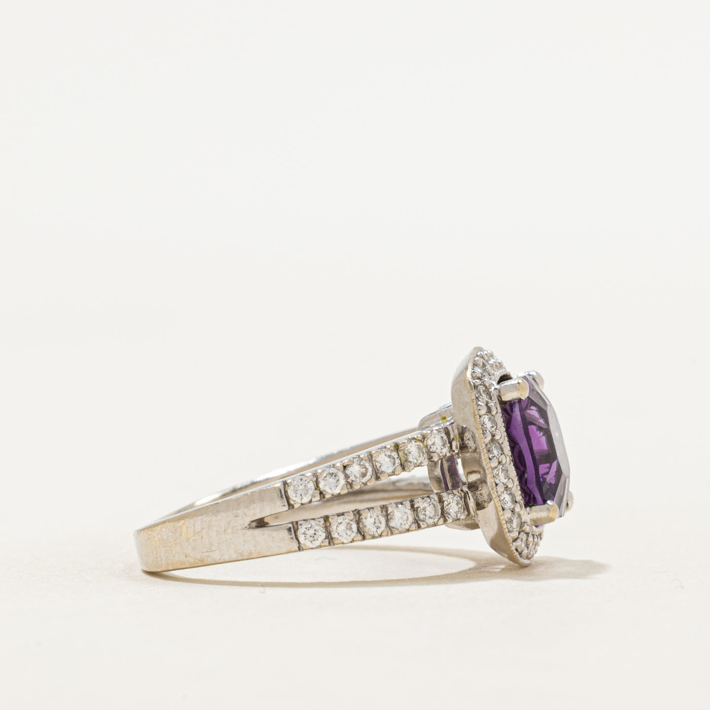 Cushion Cut Amethyst & Diamond Halo Ring | 1.57ct, 0.36ctw | SZ 5