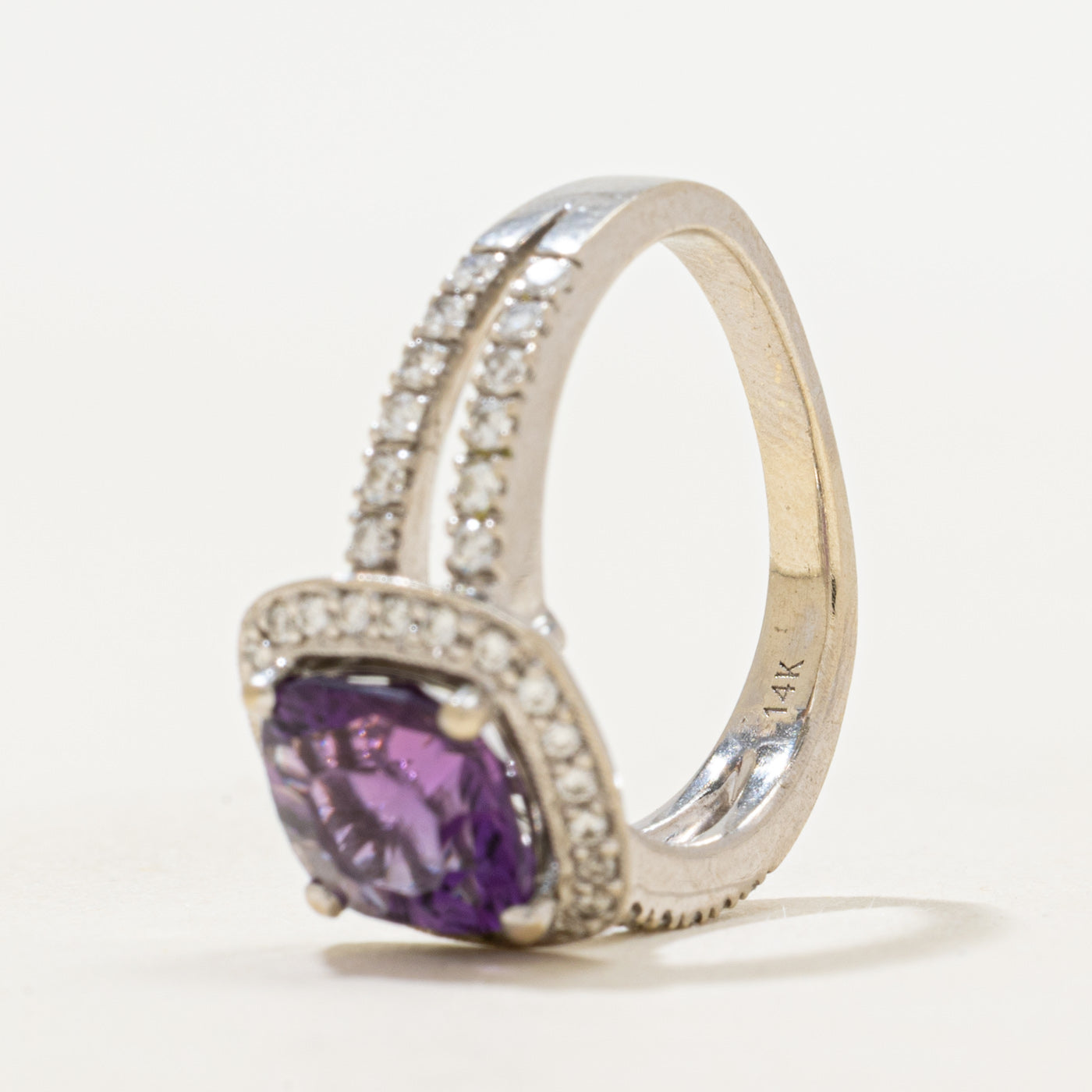 Cushion Cut Amethyst & Diamond Halo Ring | 1.57ct, 0.36ctw | SZ 5