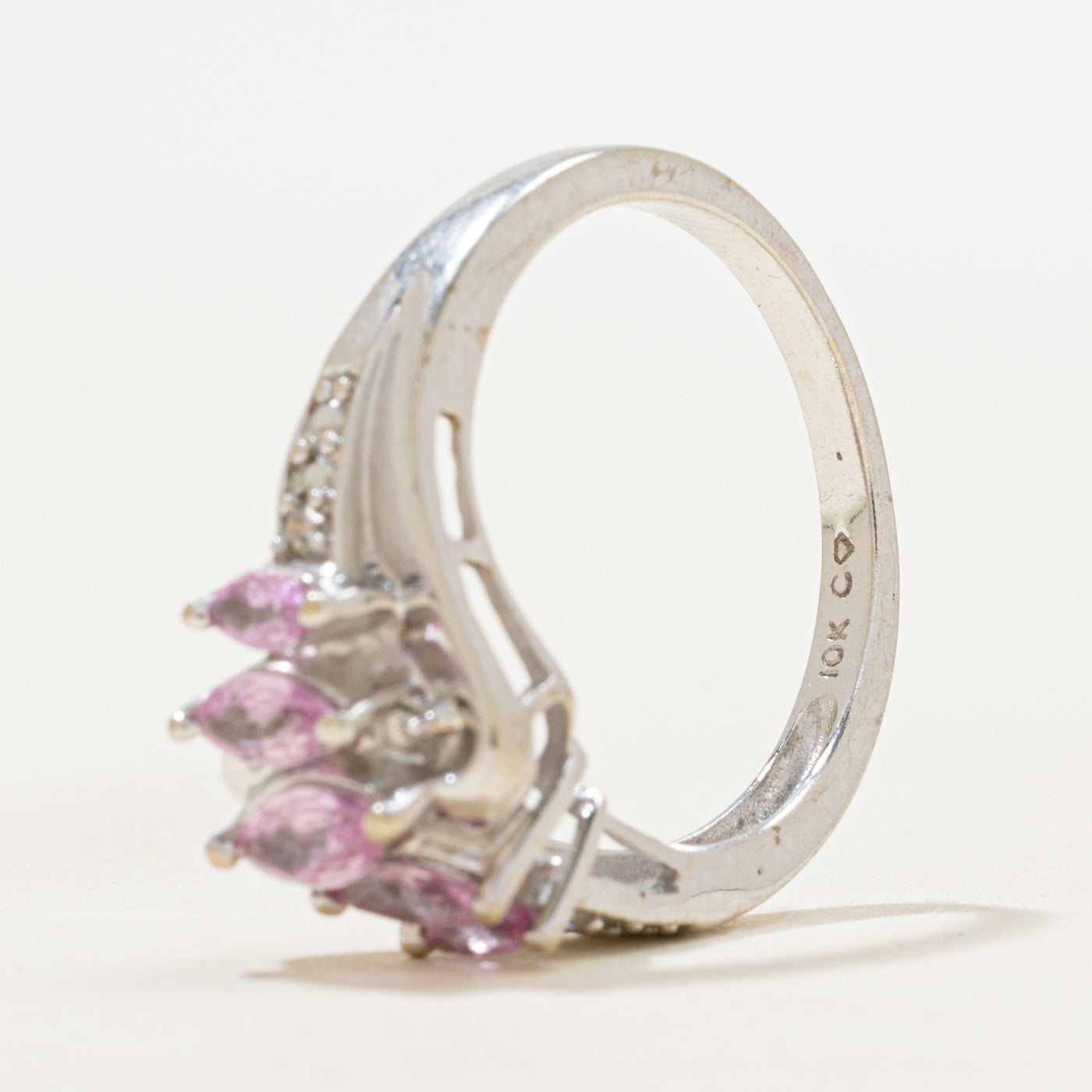 Diagonal Synthetic Pink Sapphire & Natural Diamond Ring | 0.64ctw, 0.02ctw | SZ 7