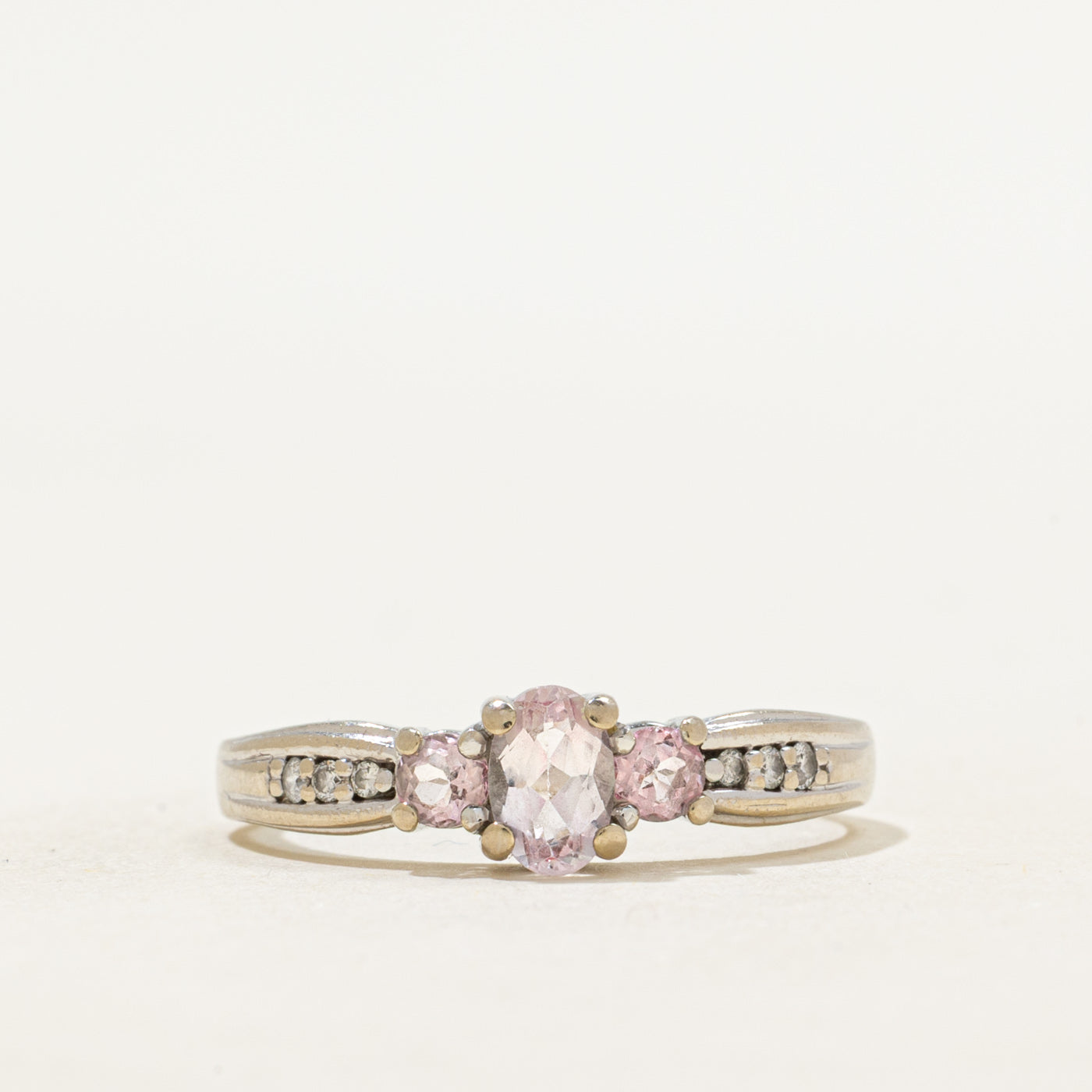 Three Stone Pink Topaz & Diamond Ring | 0.68ctw, 0.02ctw | SZ 9