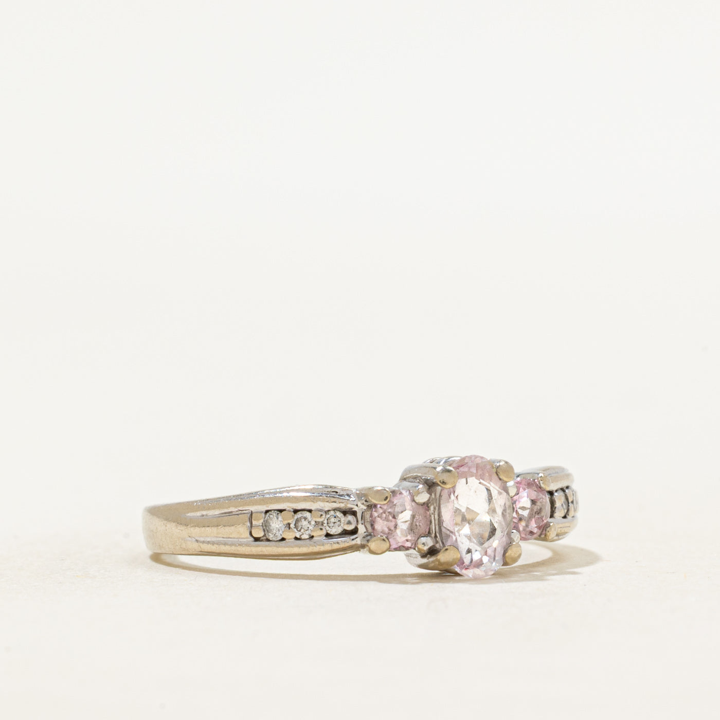 Three Stone Pink Topaz & Diamond Ring | 0.68ctw, 0.02ctw | SZ 9